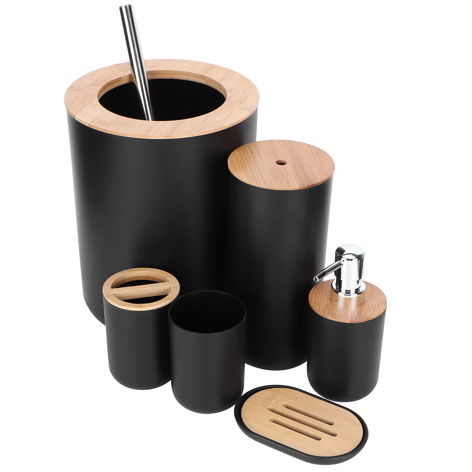 Set Mit 6 Badezimmeraccessoires: Zahnbürstenhalter, Abfalleimer, Seifenschale, Seifenspender, Becher Und Toilettenbürste.