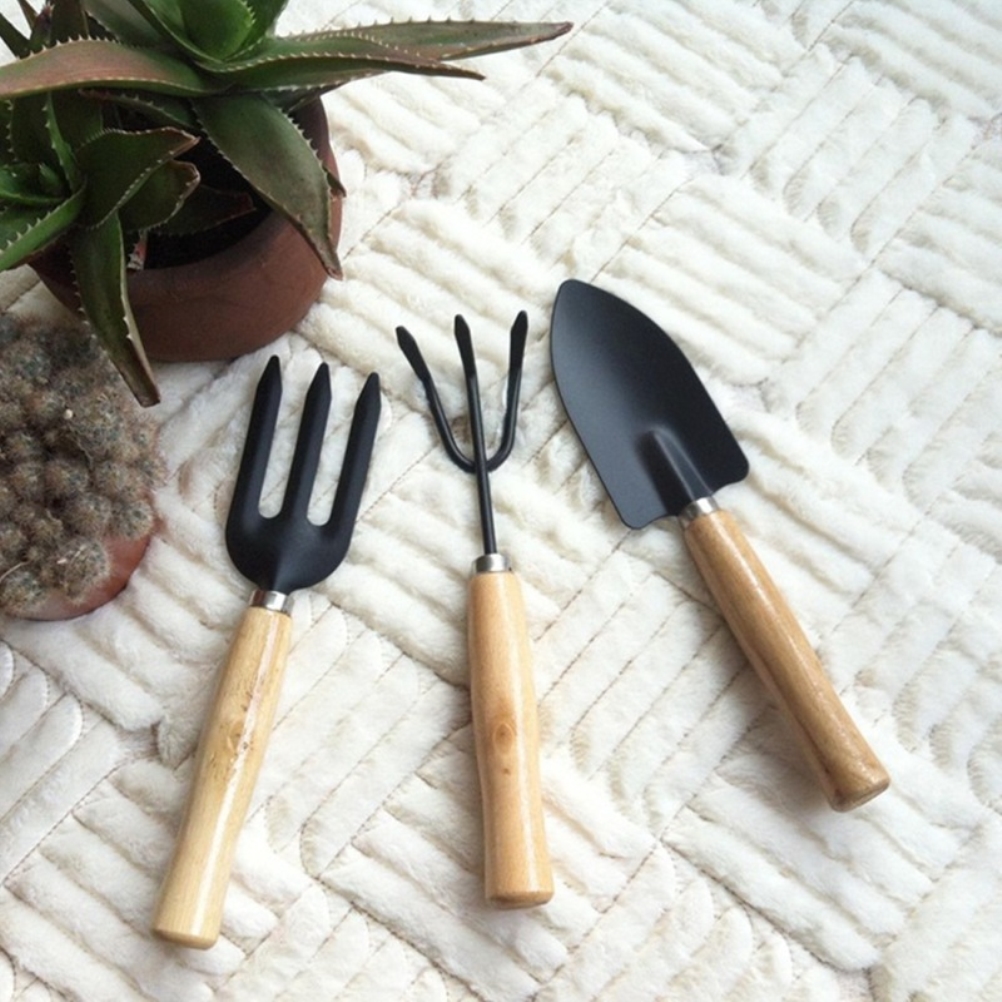 Set Aus 3 Miniatur-gartengeräten Mit Holzgriffen: Schaufel, Rechen Und Gabel Für Topf- Und Zimmerpflanzen
