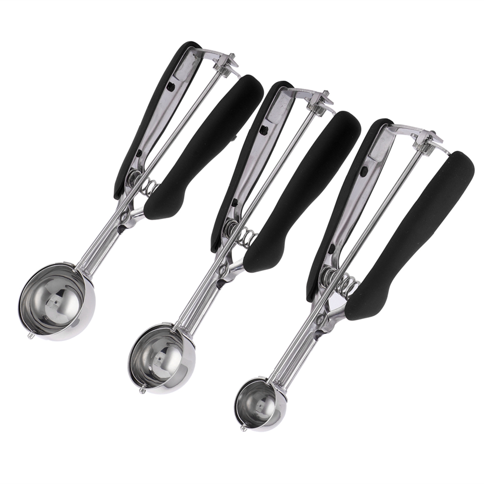 Set Mit 3 Eiskugelportionierern Aus Edelstahl, Kekslöffeln, Schwarzen Eiskugelportionierern