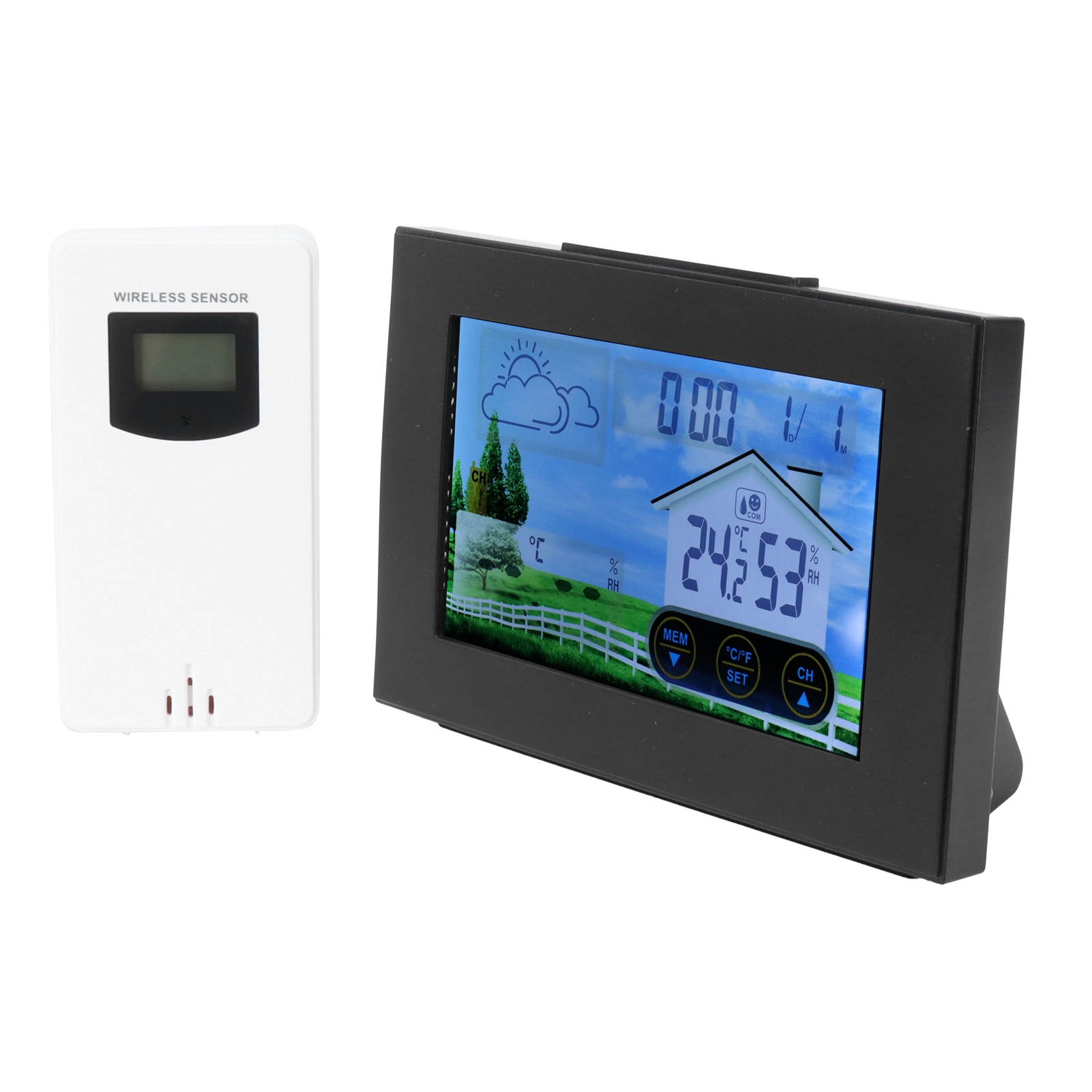 Kabelloses Digitales Thermometer, Hygrometer, Uhr, Wecker, Touchscreen, Für Drinnen Und Draußen
