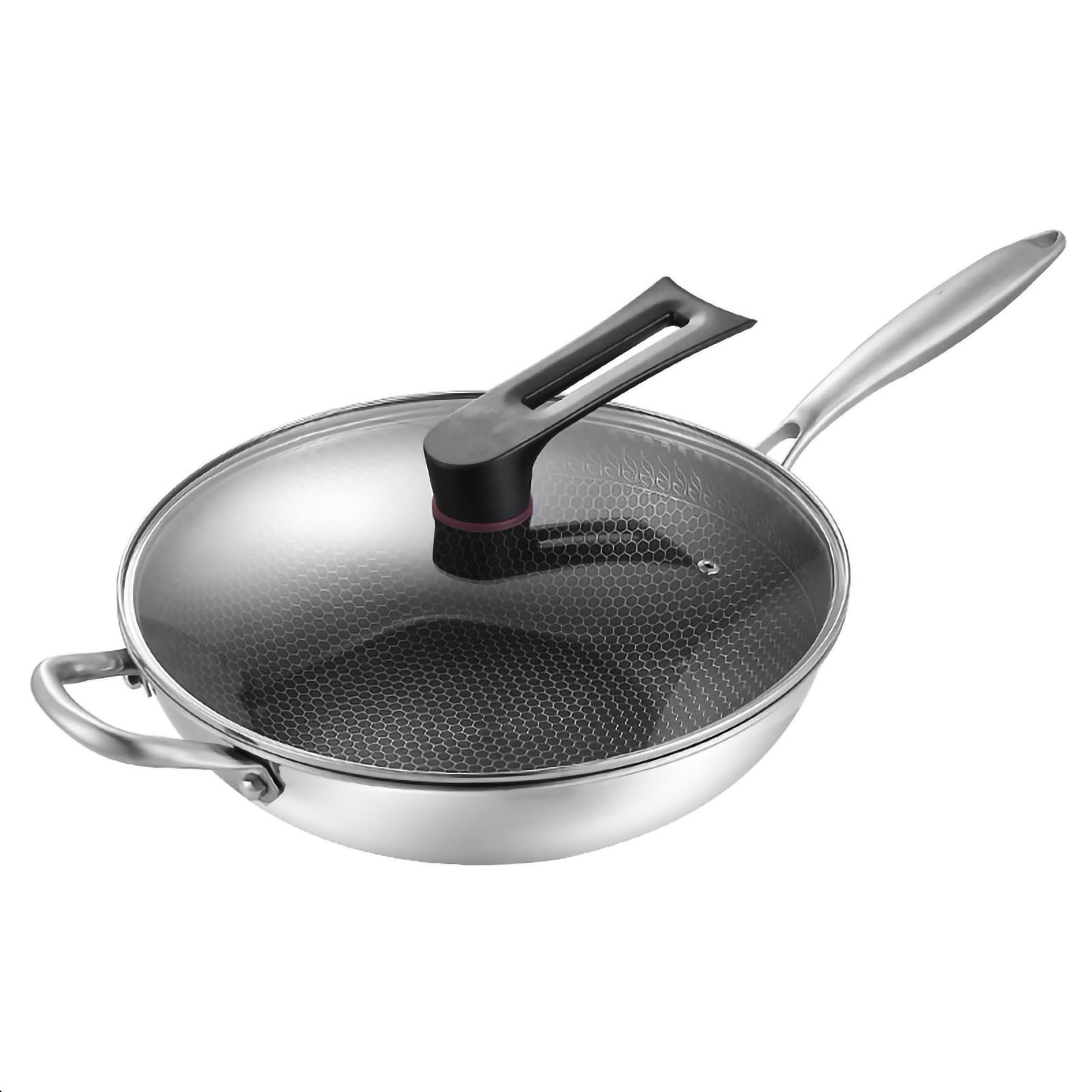 Dreilagiger, Wabenförmiger, Antihaftbeschichteter, Doppelseitiger Wok Aus Edelstahl Mit Deckel Und Griffen