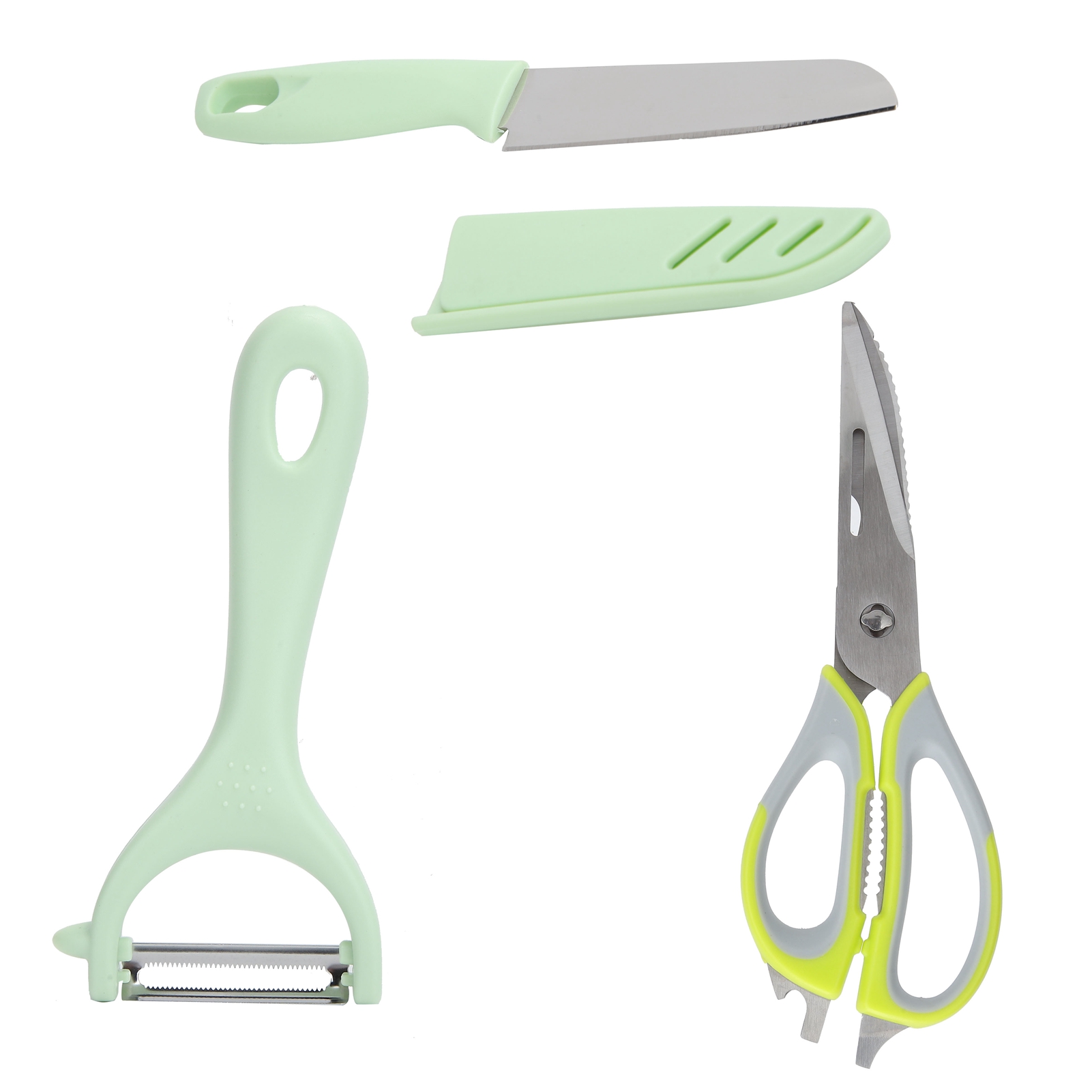 Multifunktionales Set Aus Edelstahlschere, Kartoffel- Und Karottenmesser, Obstschäler, Küchenutensil, Grün