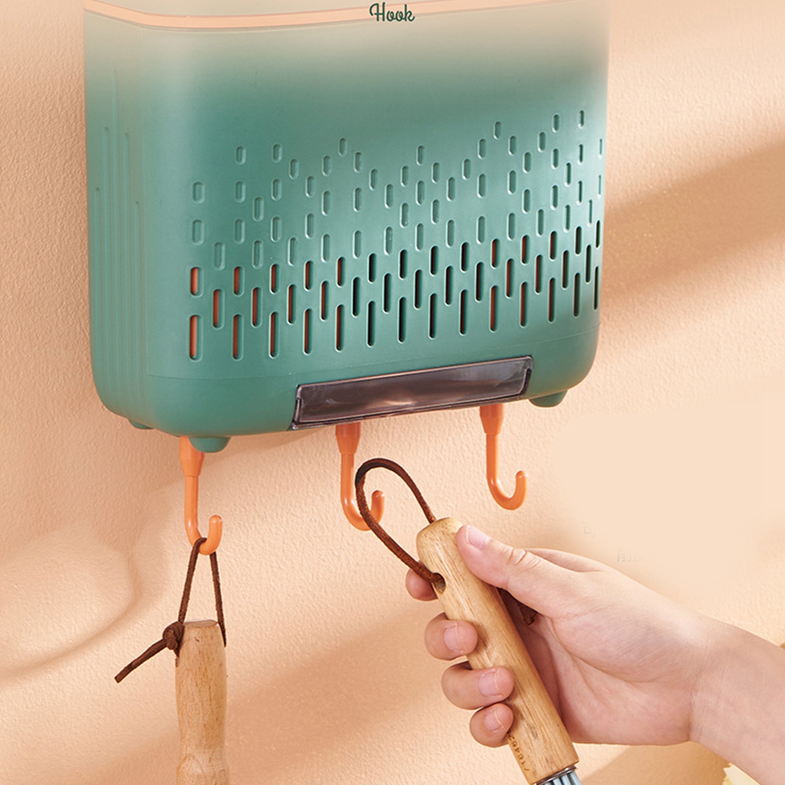 Wandmontierter Küchenbesteckhalter Aus Grün Glasierter Keramik, Unterteilt, Rostfrei Und Wasserdicht Mit Abtropffläche Und Deckel