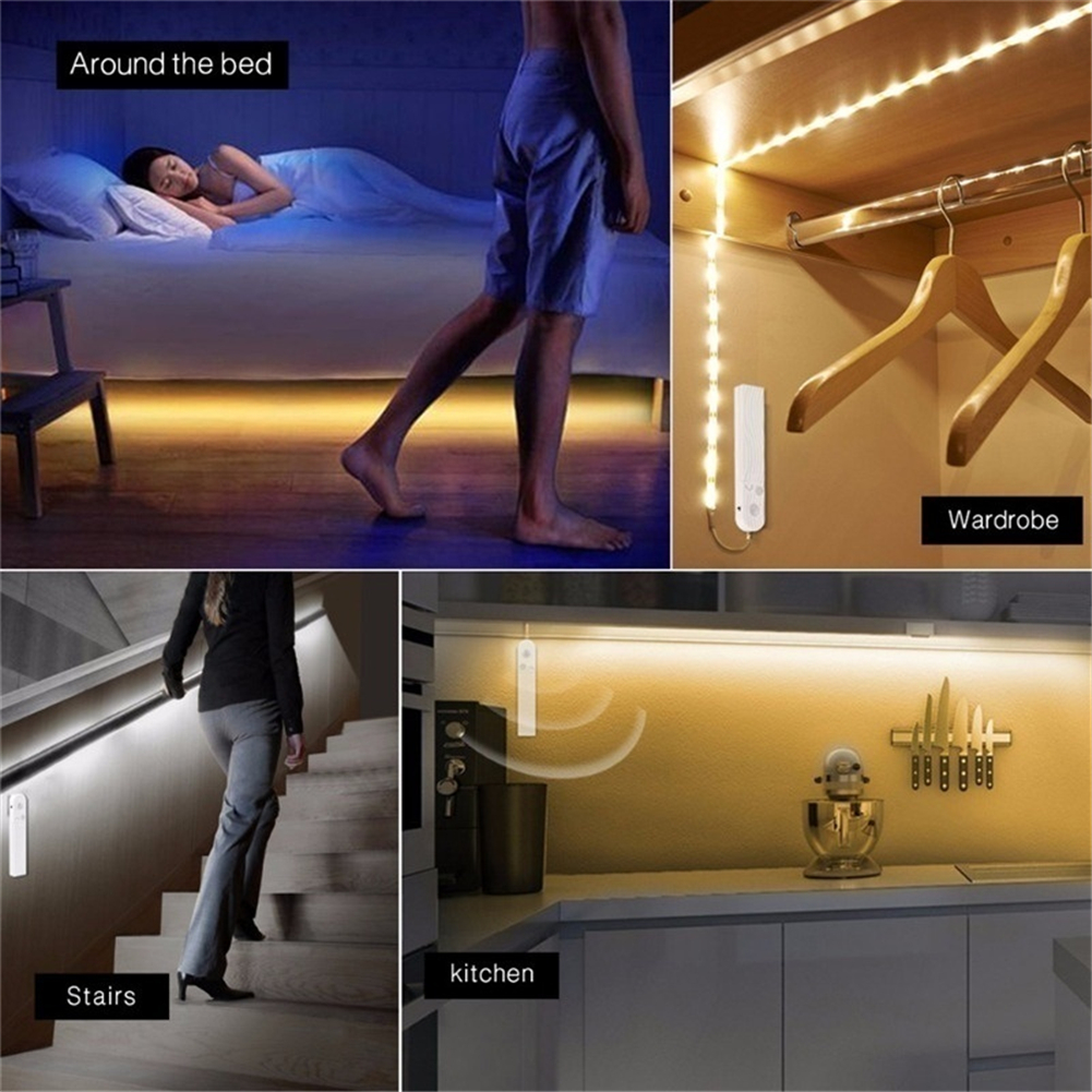 Set Mit 3 Kabellosen Led-streifen Mit Bewegungsmelder (1 M, 2 M, 3 M), Batteriebetriebenes Nachtlicht Für Kleiderschrank, Abstellraum, Treppenhaus, Flur
