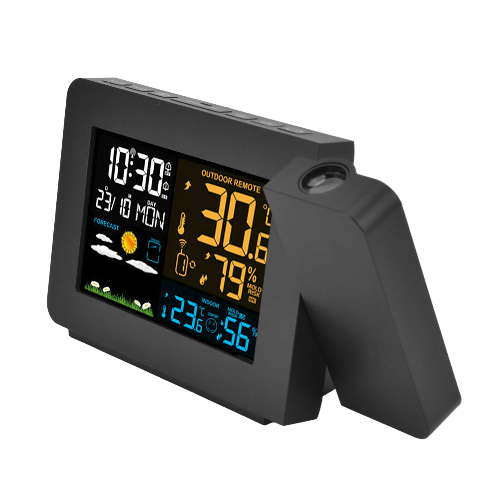 Digitales Innen-/außenthermometer Mit Projektion, Wettervorhersage, Hygrometer, 60 M Reichweite, Uhr, 100–240 V (eu)