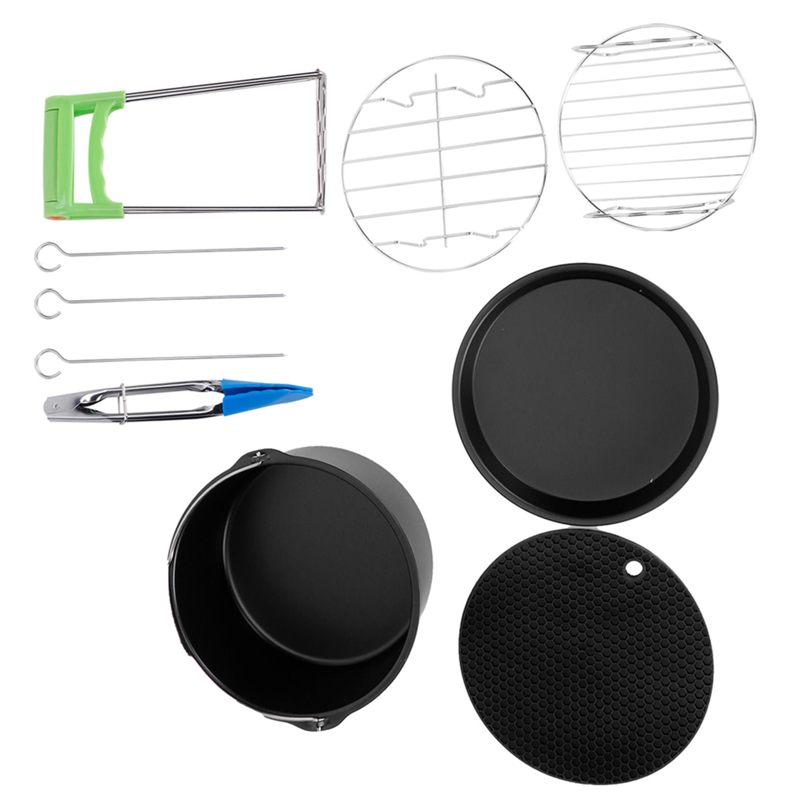 Zubehörset Für Elektrische Fritteusen (7 Zoll): Kuchenform, Pizzaform, Silikonmatte, Grillspieße, Zange