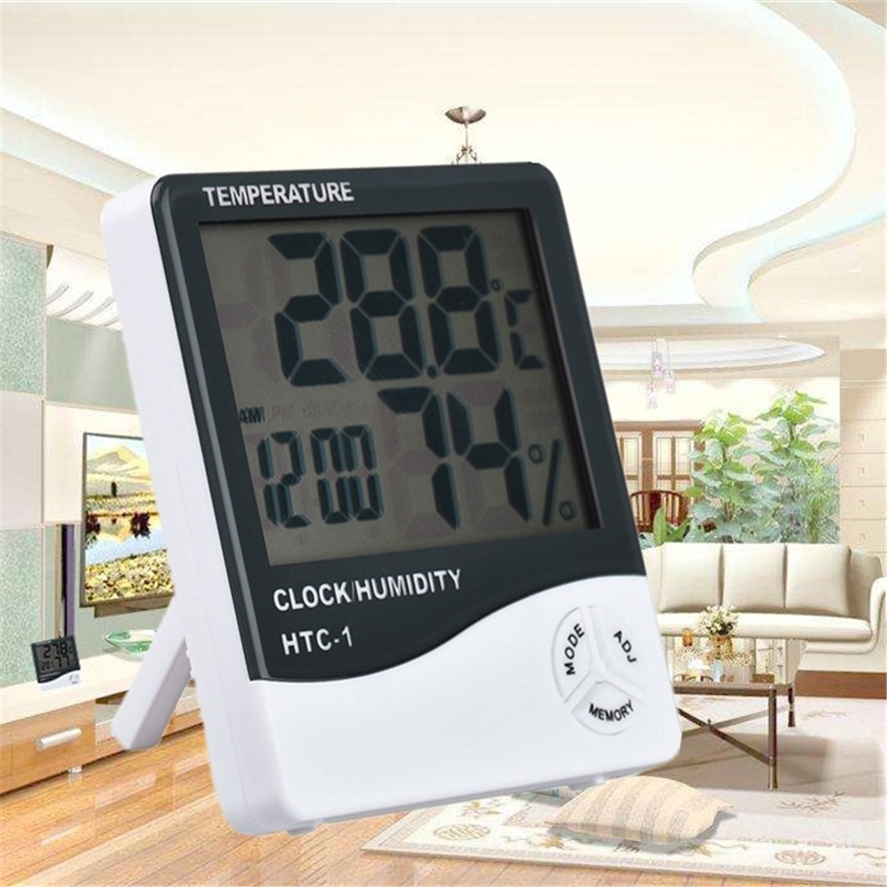 Htc-1 Multifunktionales Digitales Thermometer, Hygrometer Und Uhr Mit Großem Display, Misst Umgebungstemperatur Und Luftfeuchtigkeit