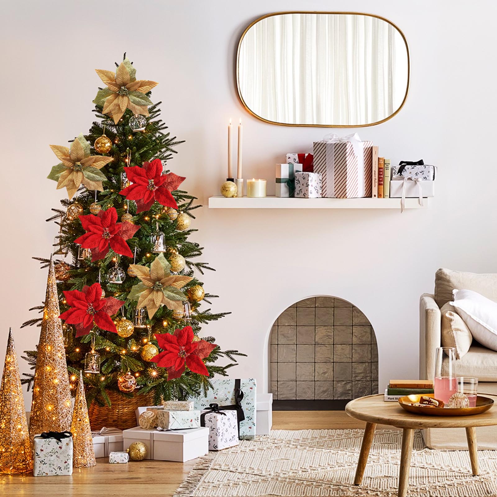 Dekorative Weihnachtsbäume Mit Künstlichen Stoffblumen Als Festlicher Schmuck