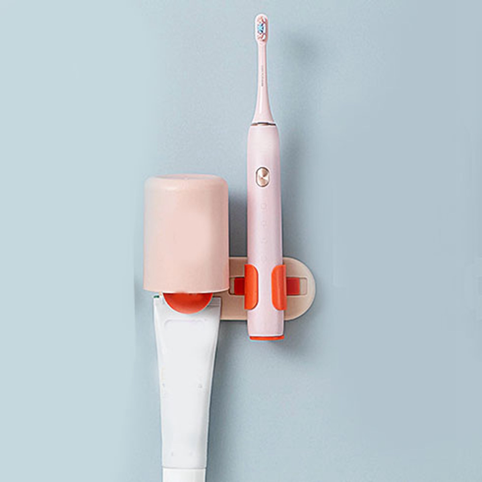 Multifunktionaler, Wandmontierter Zahnbürstenhalter Fürs Badezimmer, Ablage Mit Becher, Rosa Und Orange