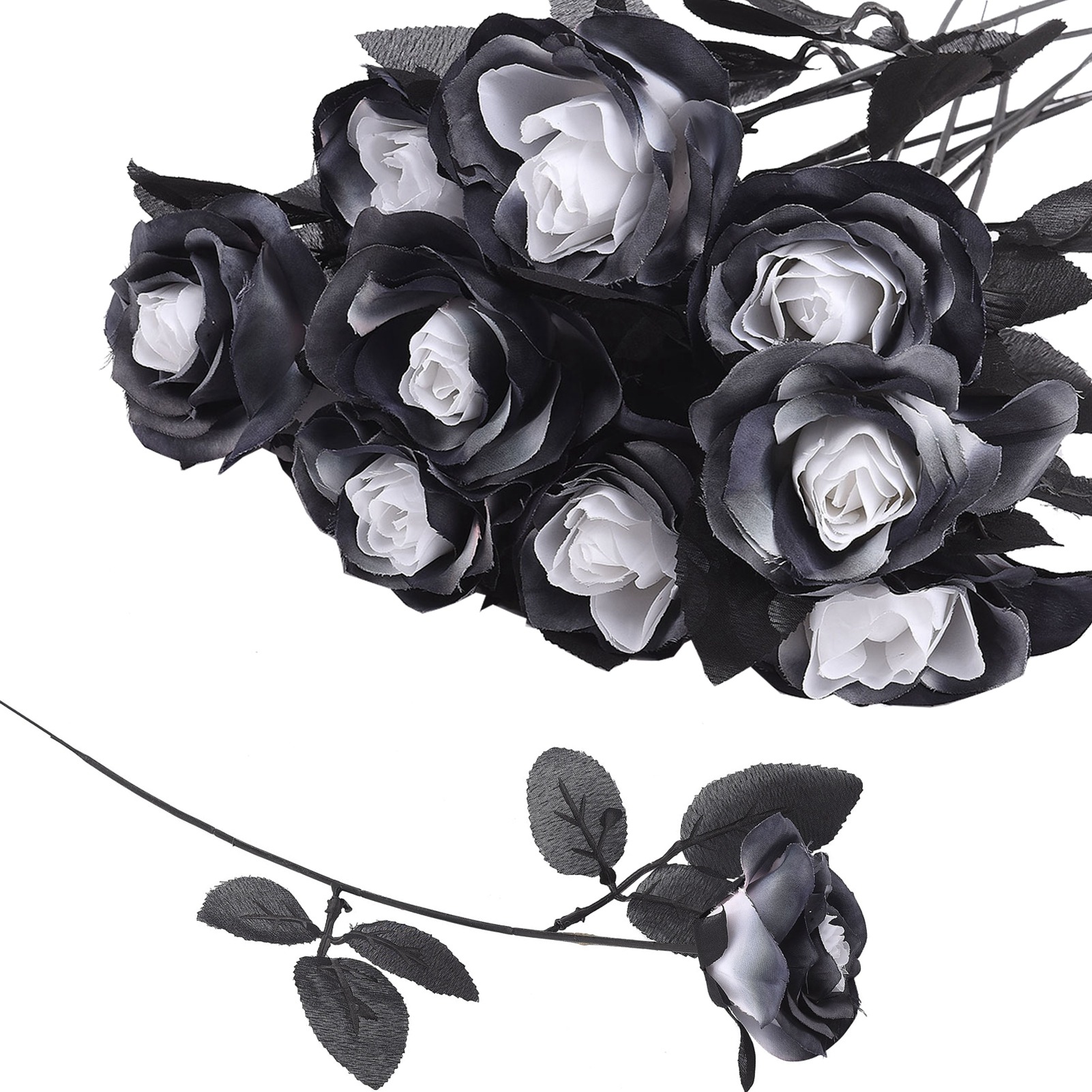 (1 Stück/schwarz-weiß, Höhe: 36 Cm) Künstliche Blume, Künstliche Schwarze Rose