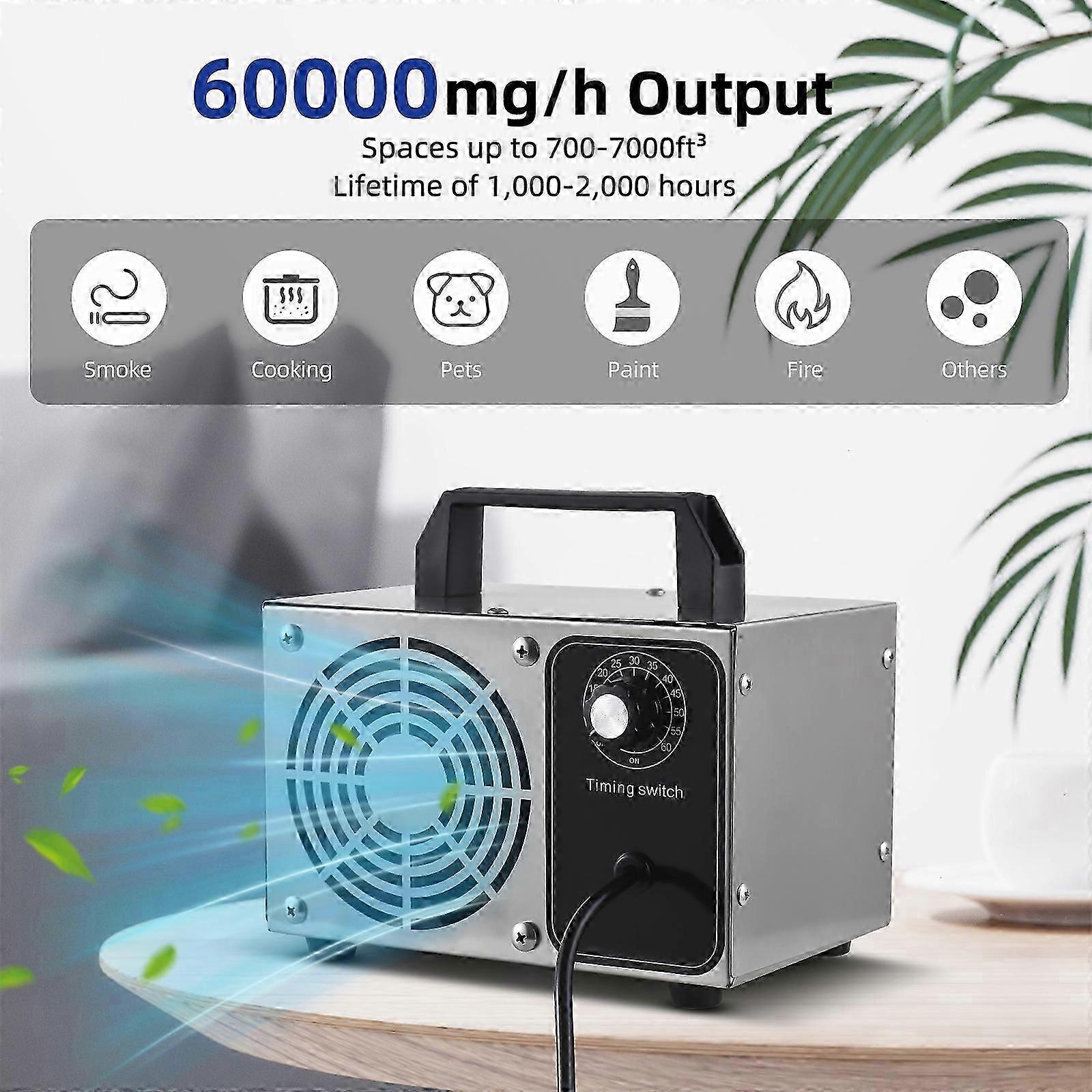 Ozongenerator 60.000 Mg/h, Edelstahl, Ozongerät Zur Geruchsbeseitigung, Ionisator, Luftreiniger Mit Ozon Für Zuhause, Auto Und Haustiere, Mit Tragegriff Und 0-60-minuten-timer
