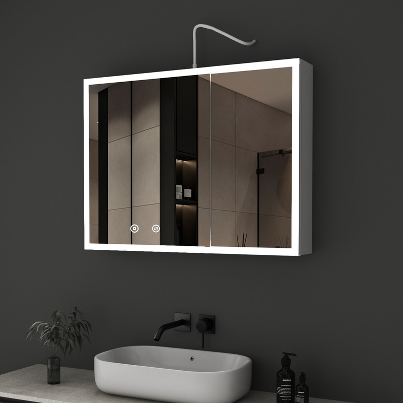 Spiegelschrank Bad Mit Beleuchtung 80x60cm Bad Spiegelschrank Weiß Mit Beleuchtung Badezimmerschrank Hängeschränke Mit 3 Lichtfarben Dimmbar + Beschlagfrei + Memory-funktion, Weiß