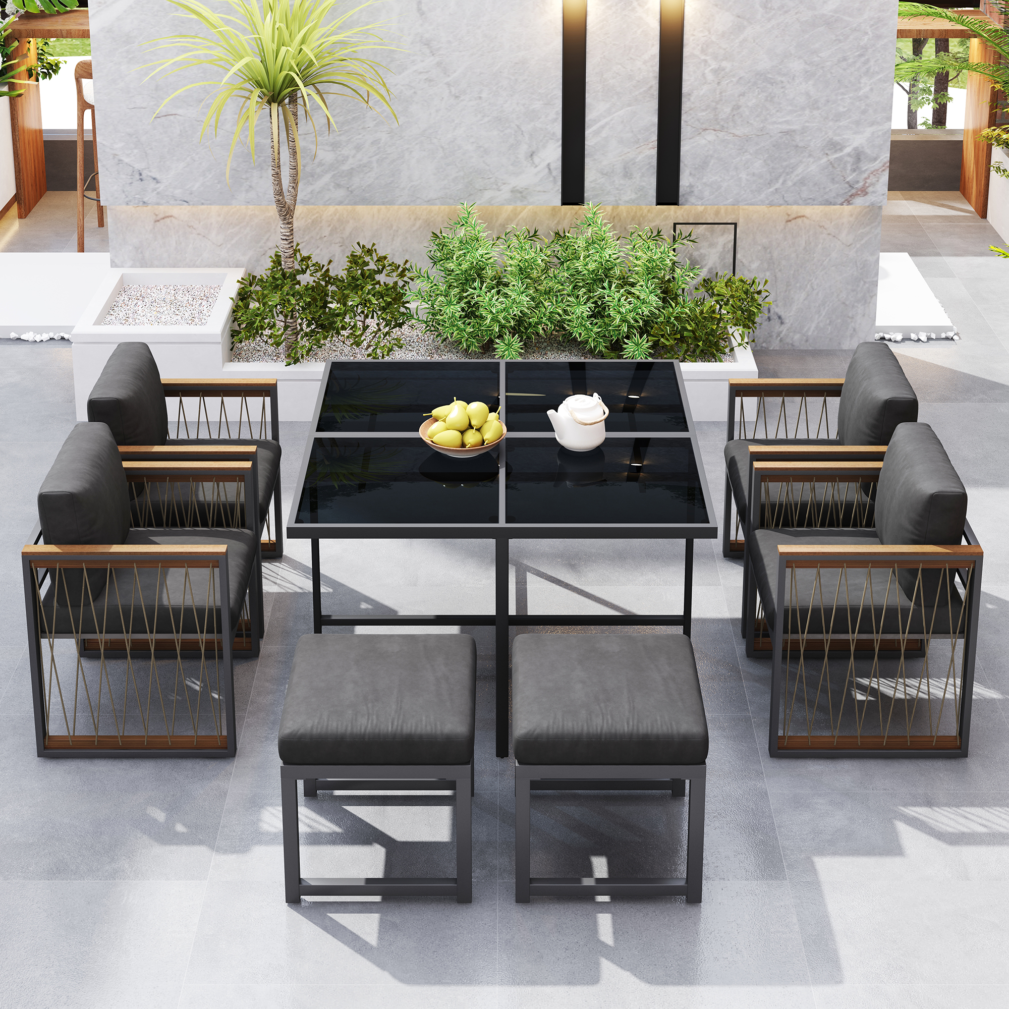 7-teiliges Esstisch-set Mit Wpc-armlehnen, Gehärtetem Glas, 117x117 Cm, Für Garten & Terrasse