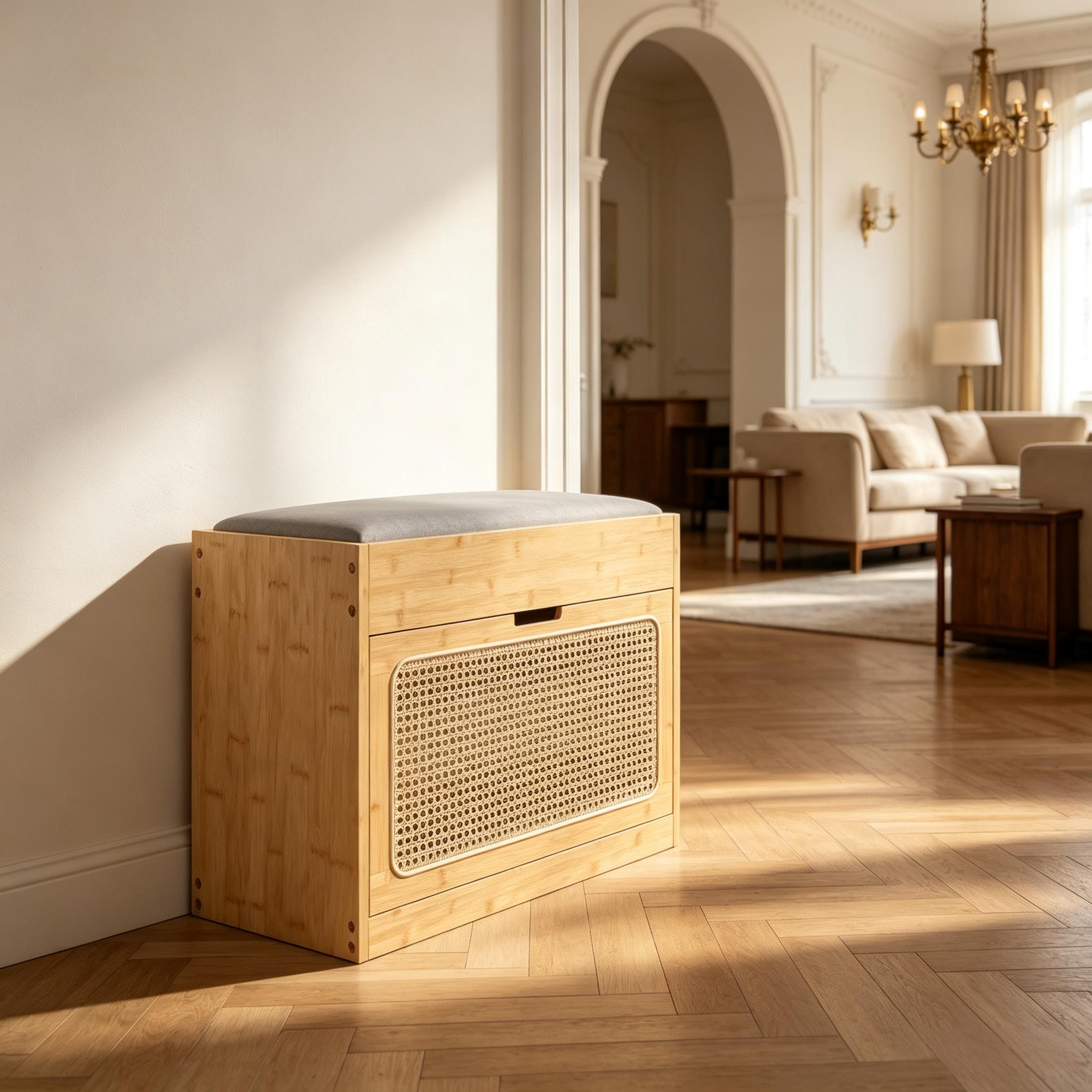 Bambus-schuhbank Mit Sitzpolster, Rattan-tür, Verstellbare Regale, 63x29x48 Cm, 140 Kg, Für Flur