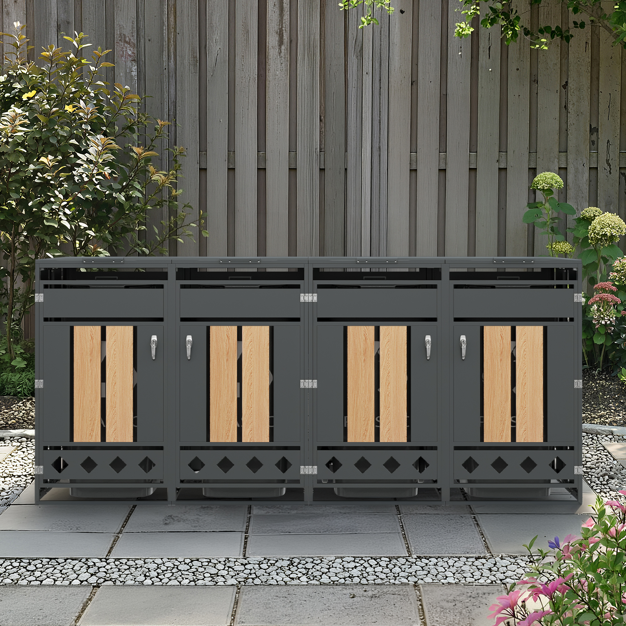 Mülltonnenbox Mit Klappdeckel, 4 Türen, Abschließbar, Für Garten & Hof