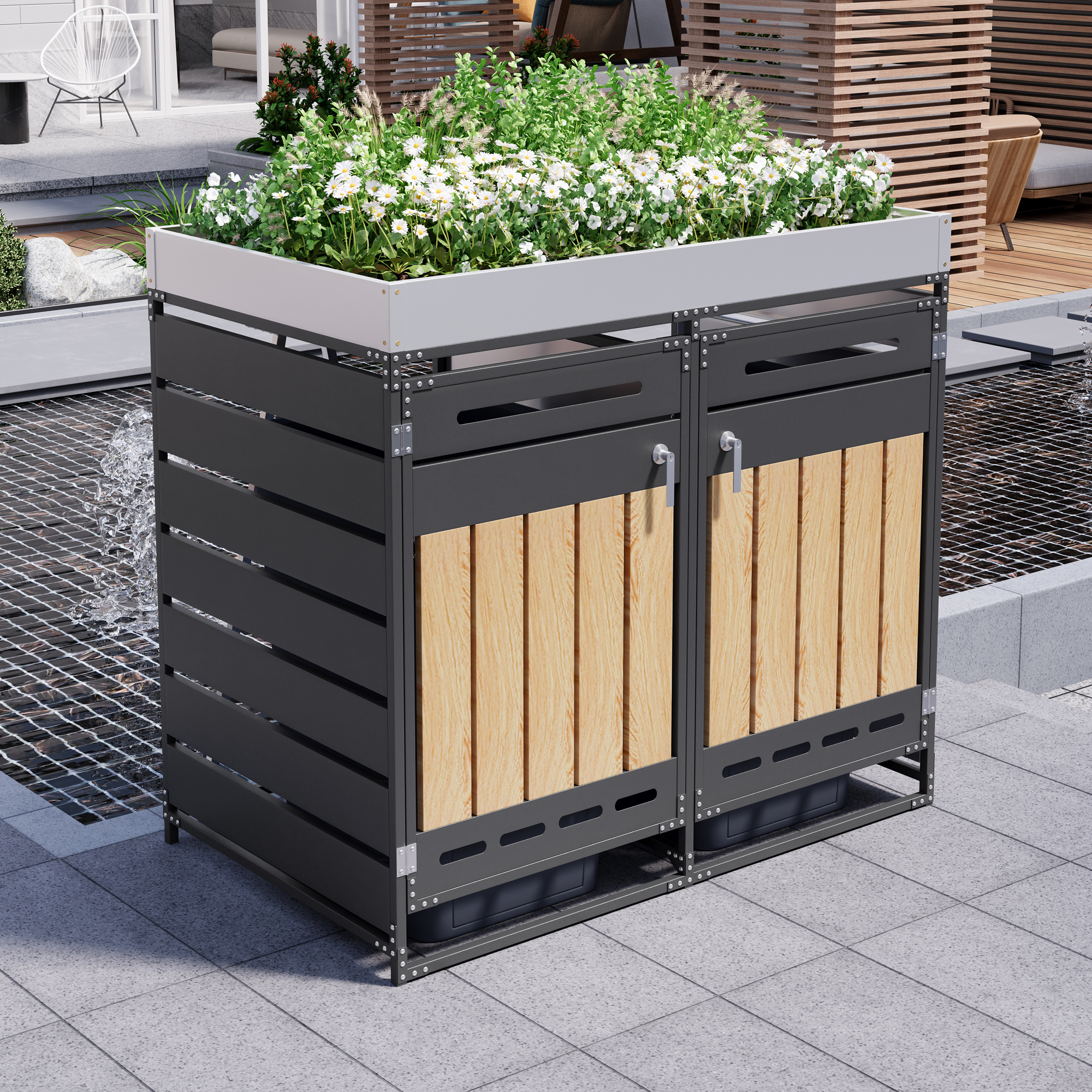 Mülltonnenbox Mit Pflanzkasten, Vertikale Holzmaserung, 2 Türen, Abschließbar, Für Garten