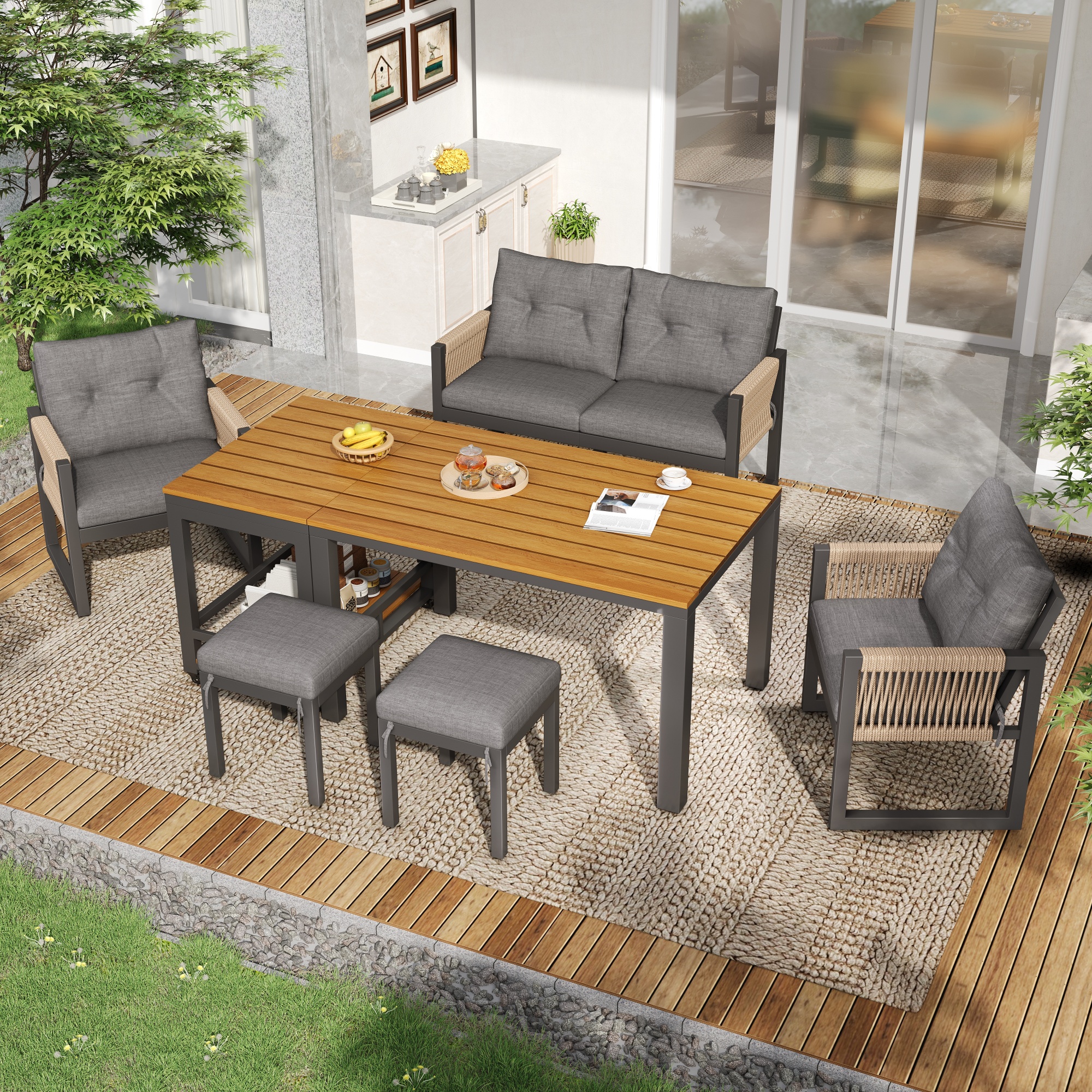 Outdoor-sofa-set Mit Tisch, 2 Sesseln, Hockern, Für Terrasse & Garten