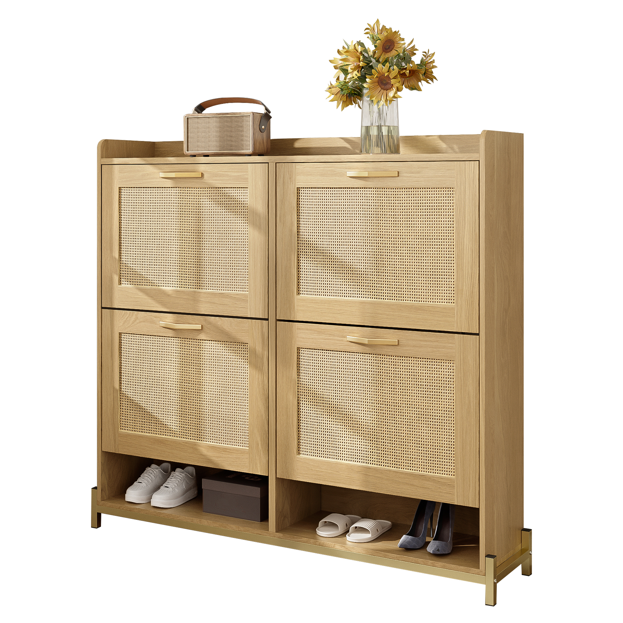 Schuhschrank Rattan Mit 4 Türen, 108,5x100x24 Cm, Für Flur