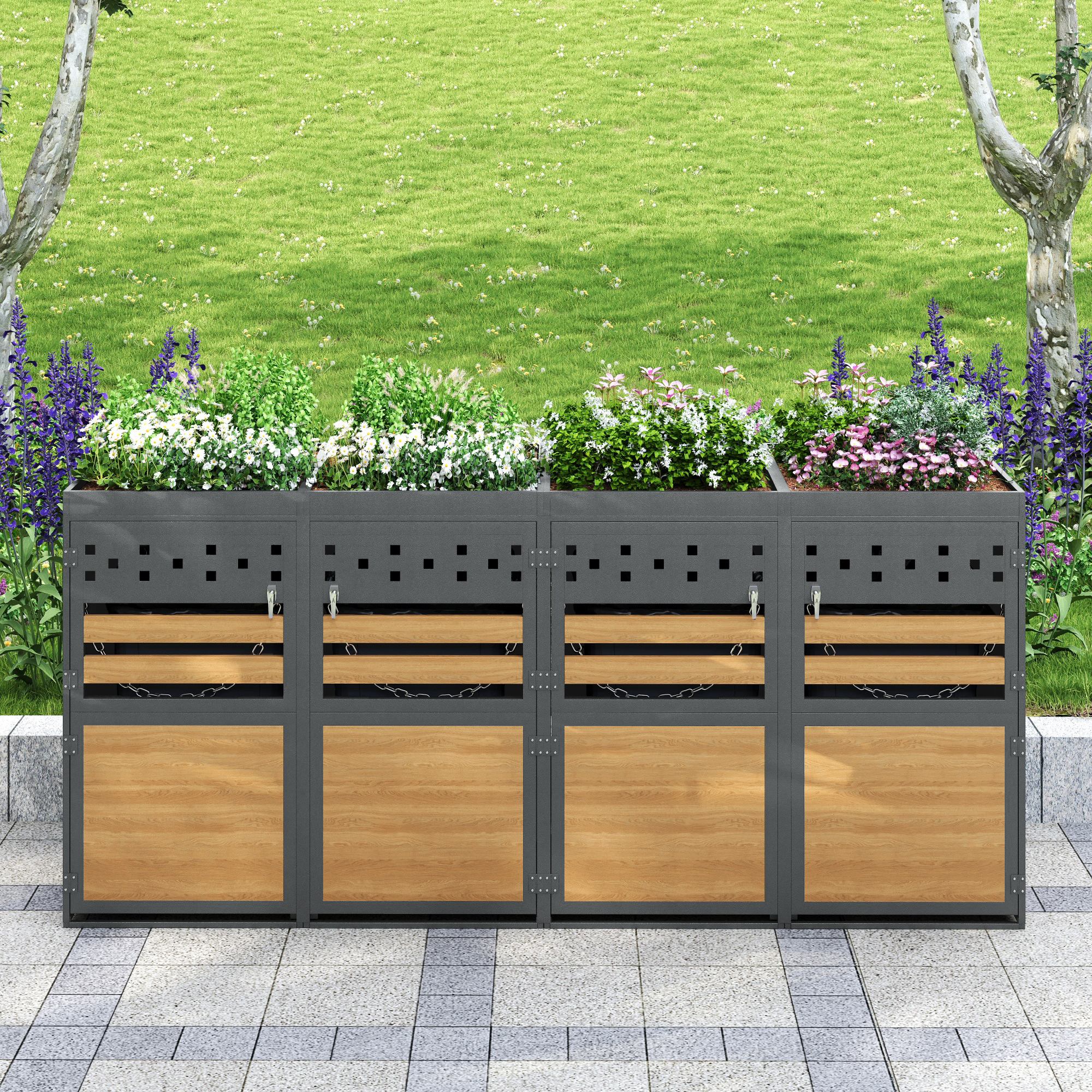 Mülltonnenbox 4er Mit Pflanzdach, 120-240 Liter, Anthrazit, Holzoptik-tür, Für Garten & Hof