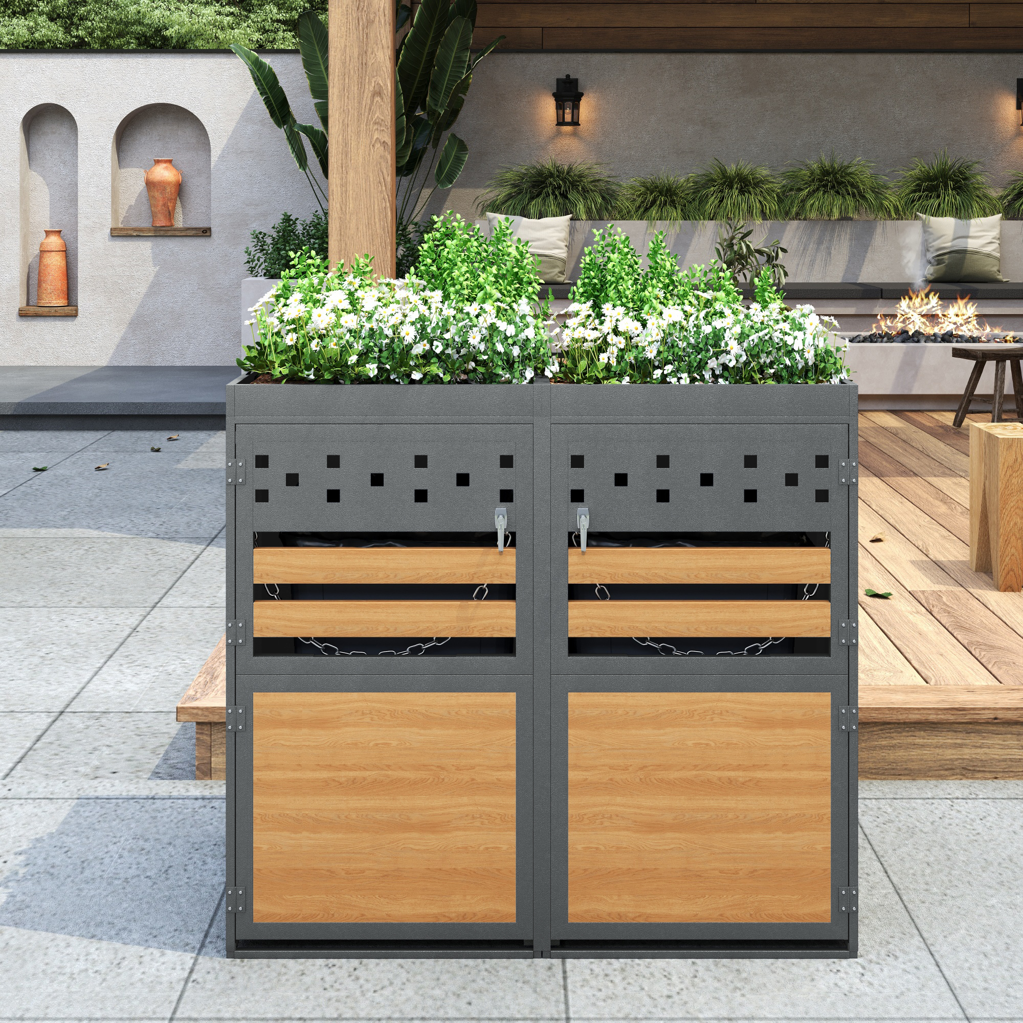 Mülltonnenbox 2er Mit Pflanzdach, 120-240 Liter, Anthrazit, Holzoptik-tür, Für Garten & Hof
