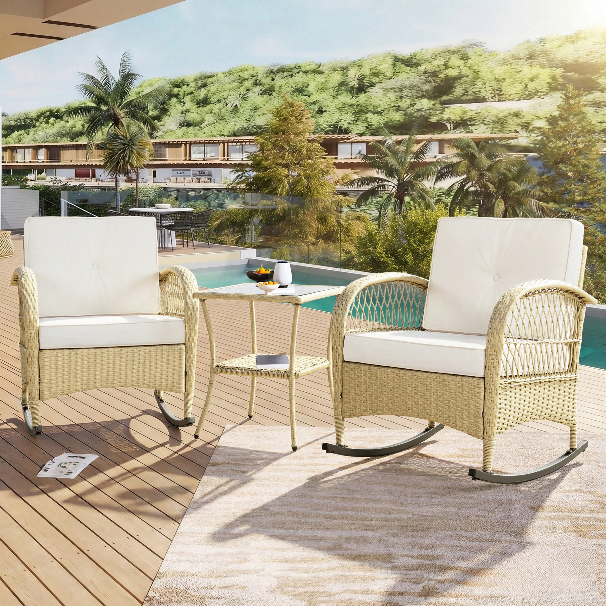 Balkonschaukelstuhl-set Mit Rattan, Glastisch, 160 Kg, Für Balkon & Terrasse