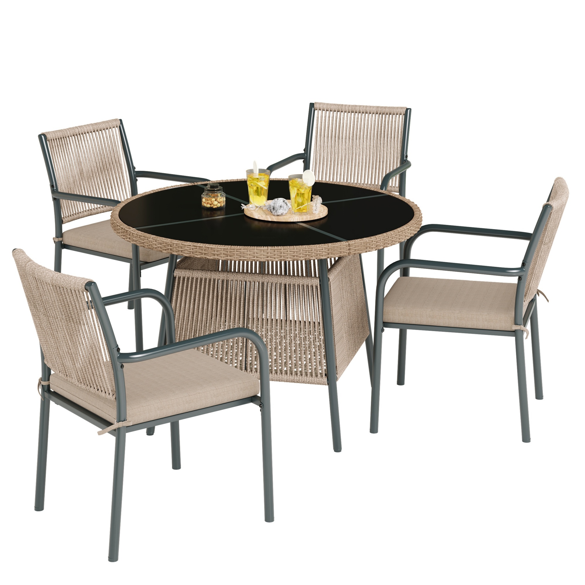 Gartenmöbel-set Rattan Mit Glastisch, 4 Stühlen, 130x75x75 Cm, Für Terrasse & Balkon