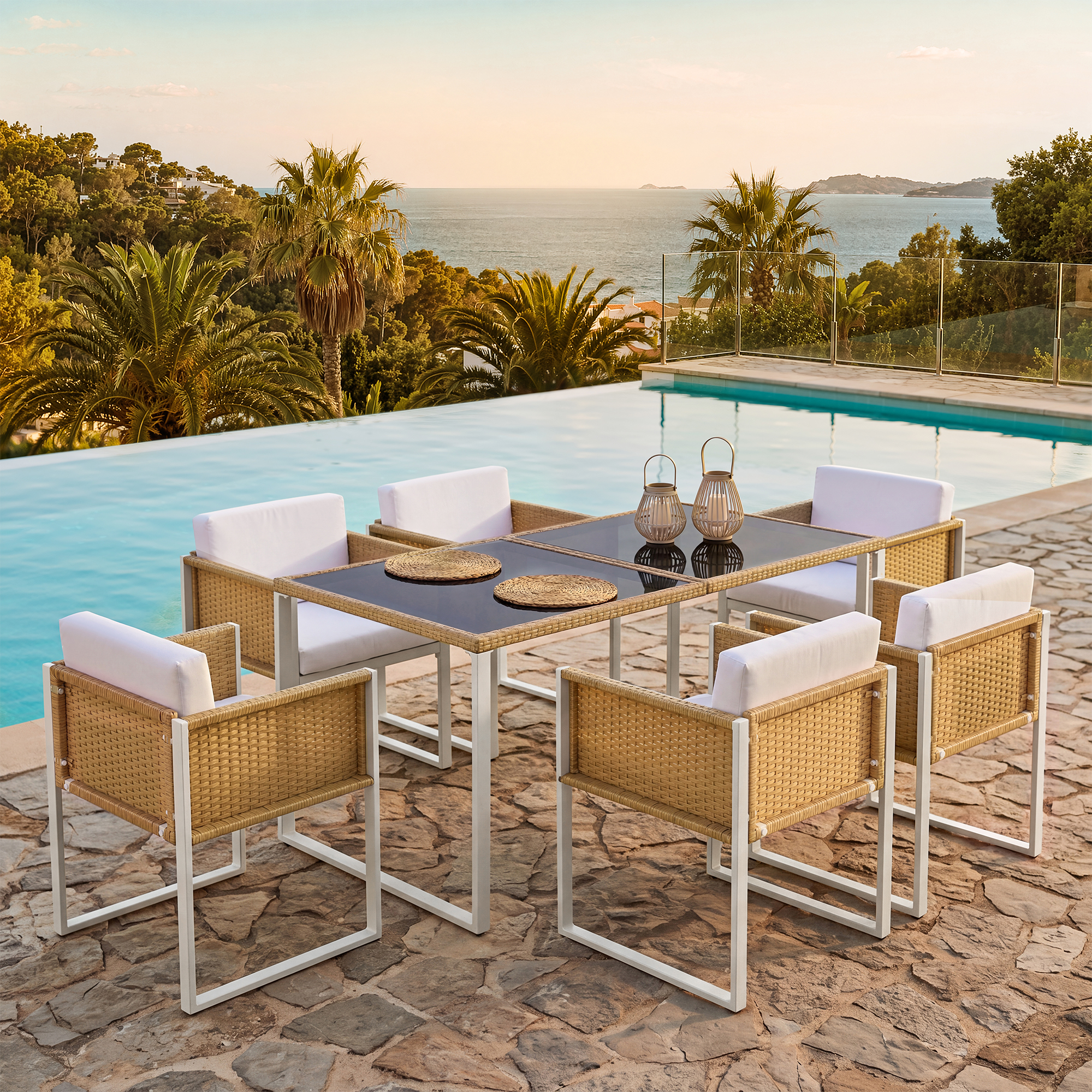 Esstisch-set 6 Personen Mit Polyrattan, Gehärtetem Glas, 170x80x75 Cm, Für Garten & Terrasse