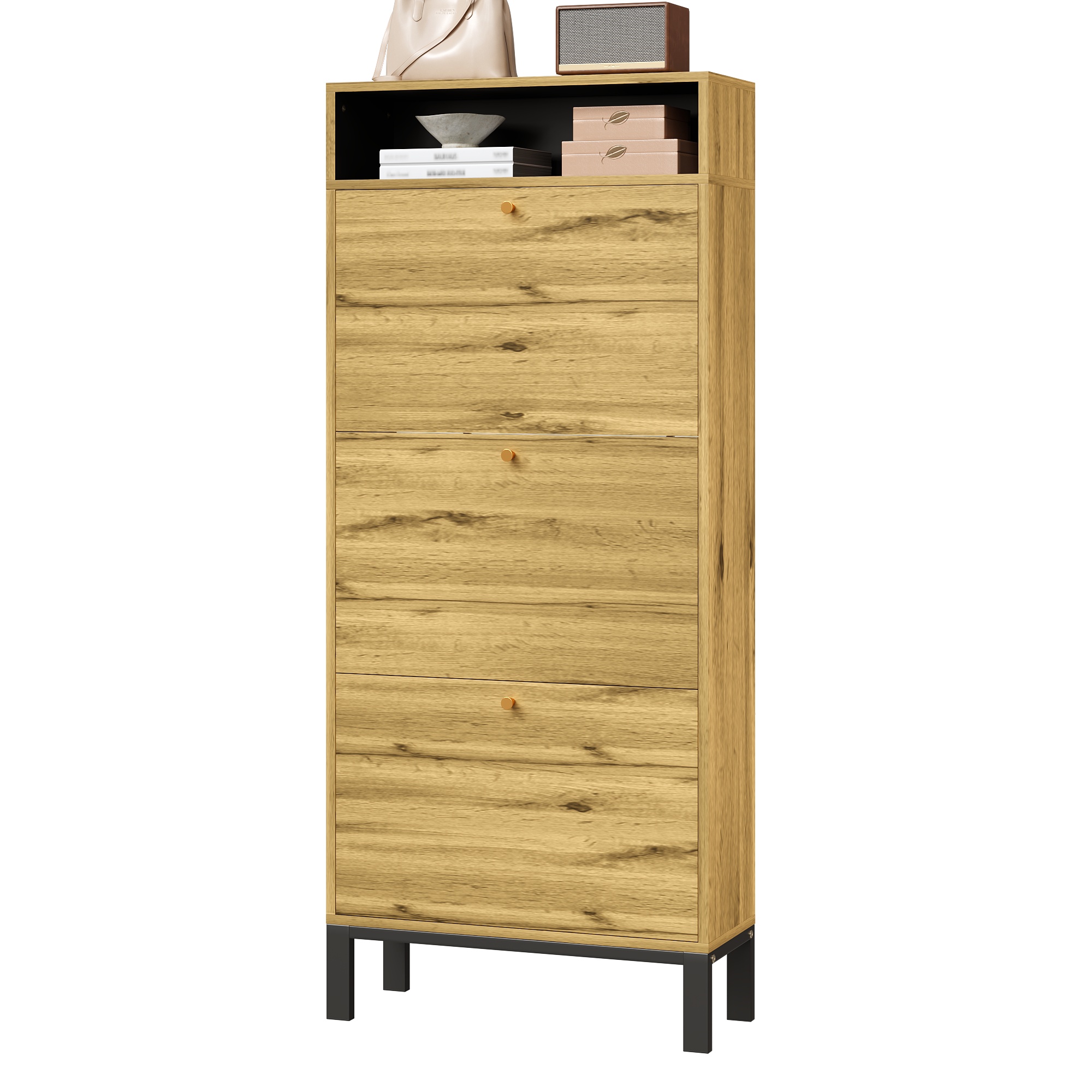 Schuhschrank Schmal 147 Cm Mit 3 Klappen, Holzoptik, Für Flur