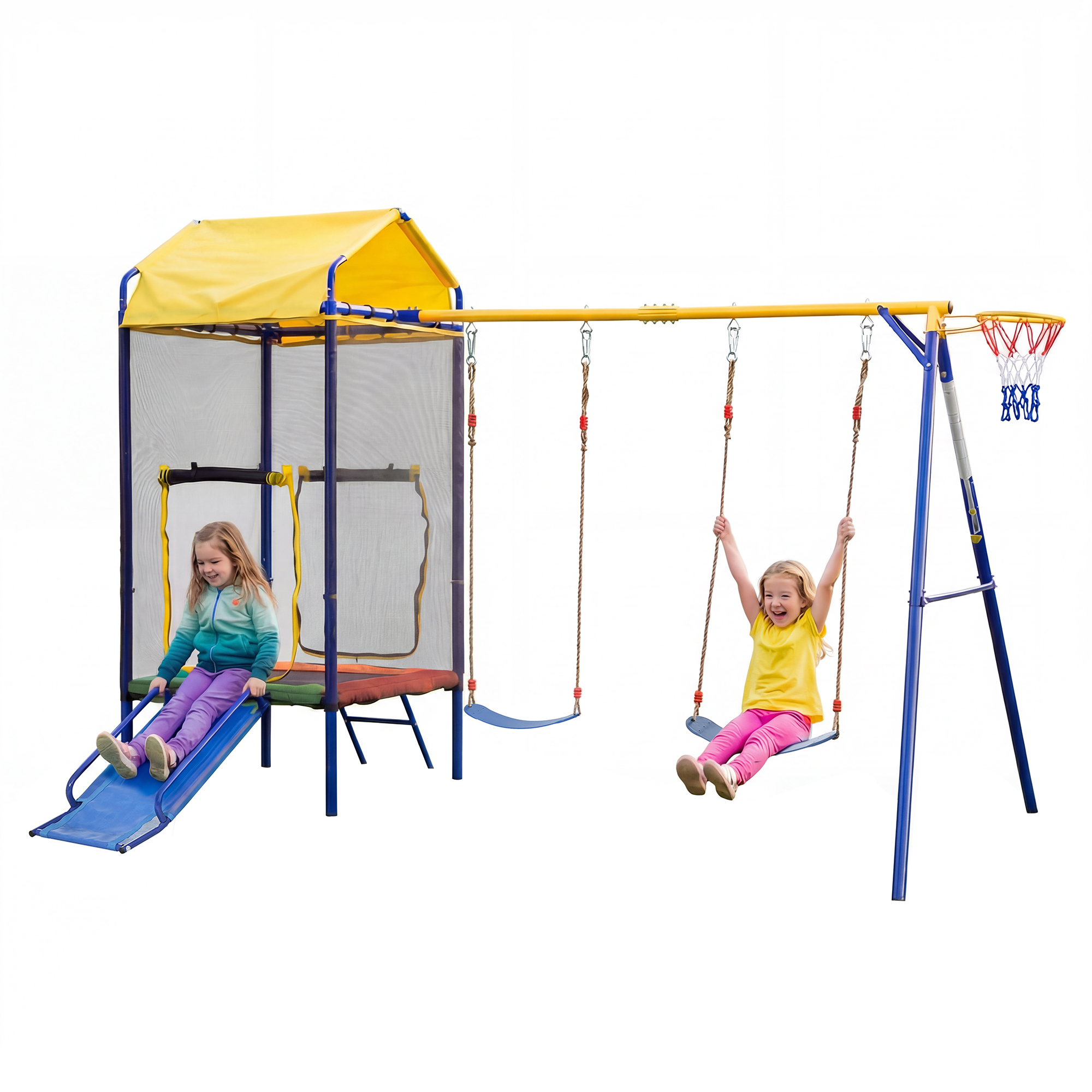 Spielplatz-kombination 4-in-1 Mit Trampolin, Schaukel, Rutsche, Basketballkorb, Für Garten