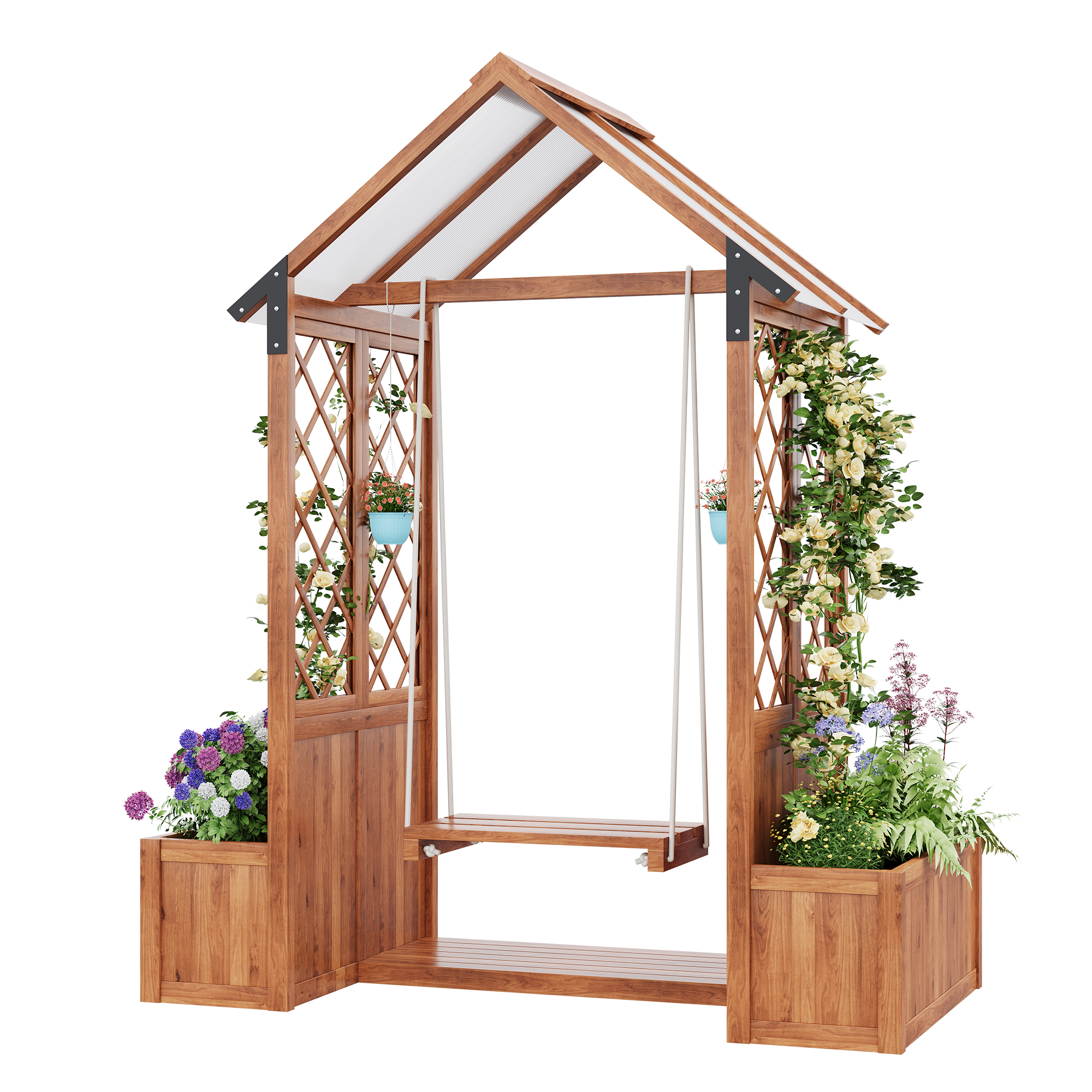 Pflanzkübel Mit Spalier & Schaukel, Polycarbonat-sonnendach, Massivholz, Für Garten & Hof