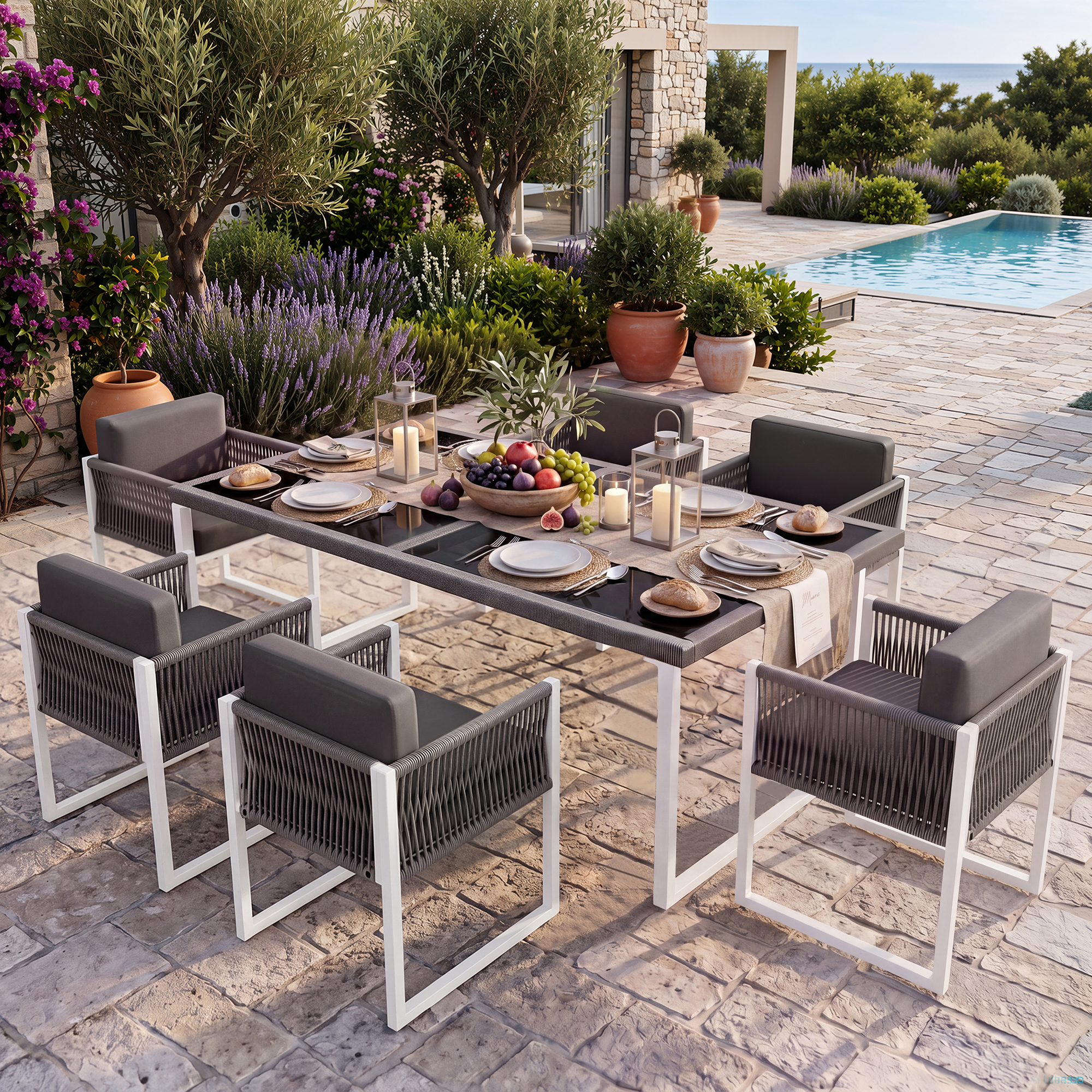 Esstisch-set 6 Personen Mit Seilkanten, Gehärtetem Glas, 170x80x75 Cm, Für Garten & Terrasse