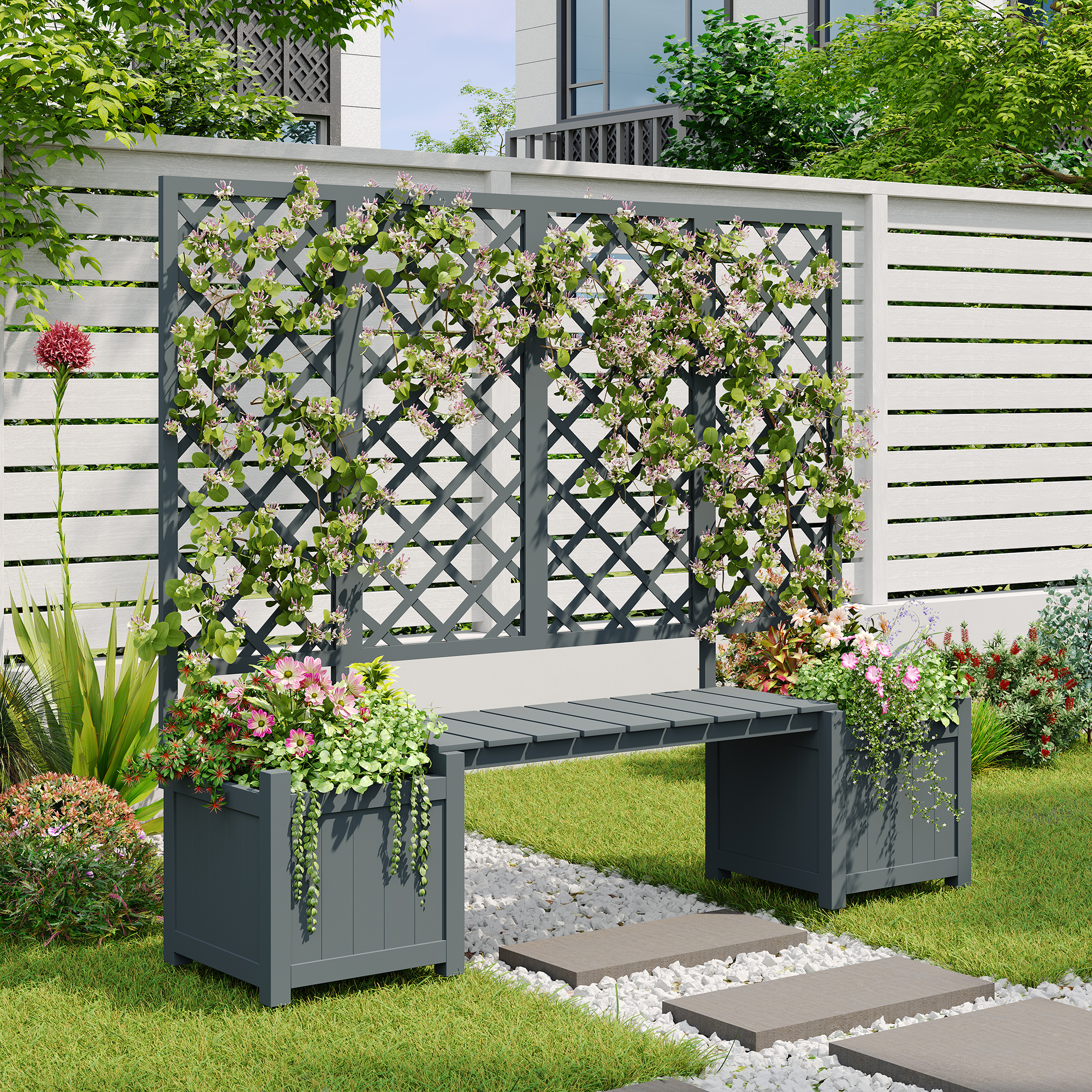 Pflanzkübel Mit Spalier & Sitzfläche, Massivholz Tanne, Grau, Für Garten, Hof & Terrasse