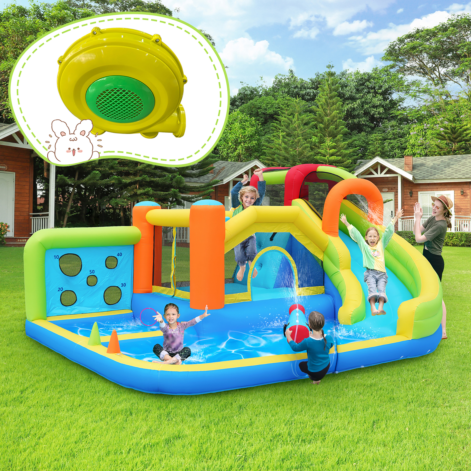 Hüpfburg Mit Gebläse, Wasserpark+trampolin, Wasserrutsche, Basketballkorb, Kletterwand, Für Kinder