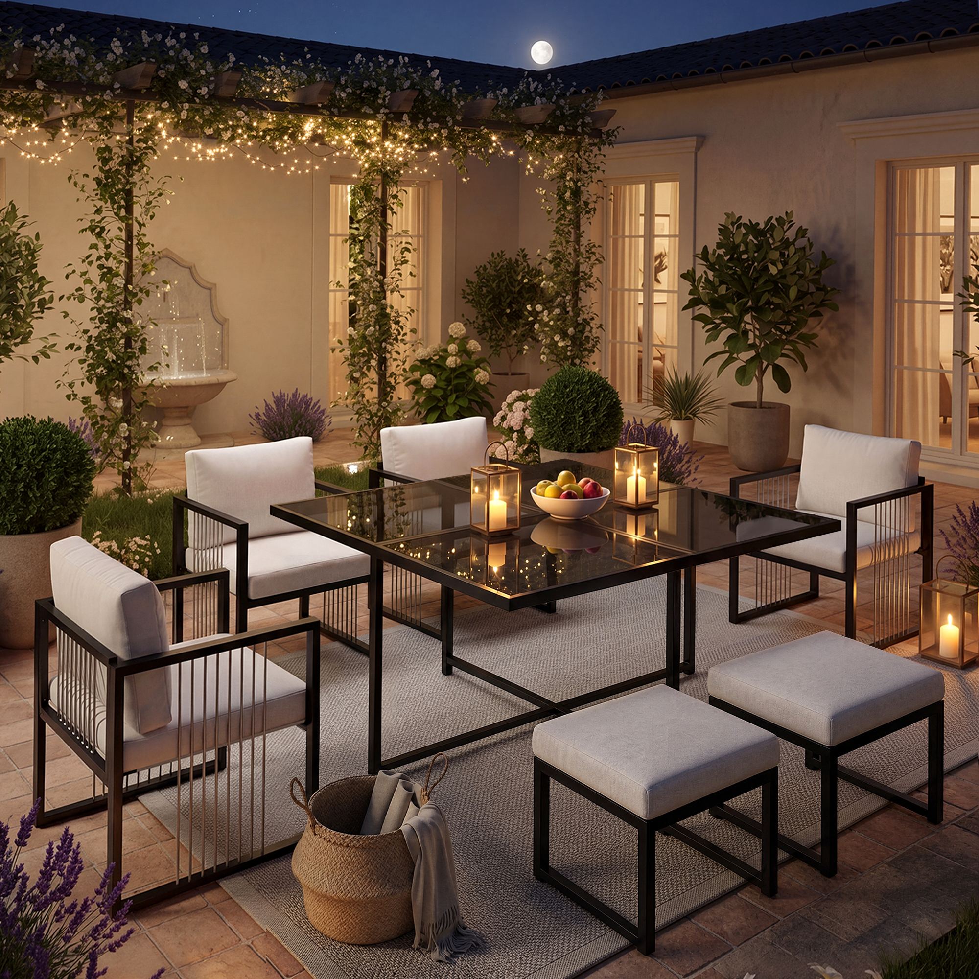 7-teiliges Esstisch-set 6 Personen Mit Gehärtetem Glas, 117x117 Cm, Für Garten & Terrasse