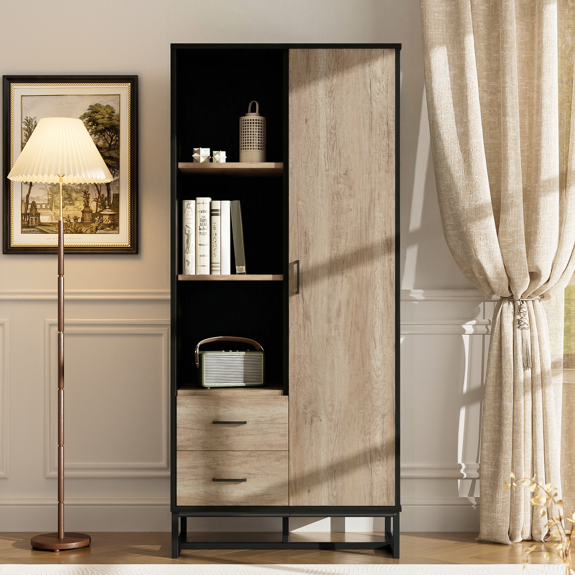 Highboard Holzoptik 80x180x40 Cm Mit Tür, 2 Schubladen, 3 Offenen Fächern, Für Wohnzimmer & Flur