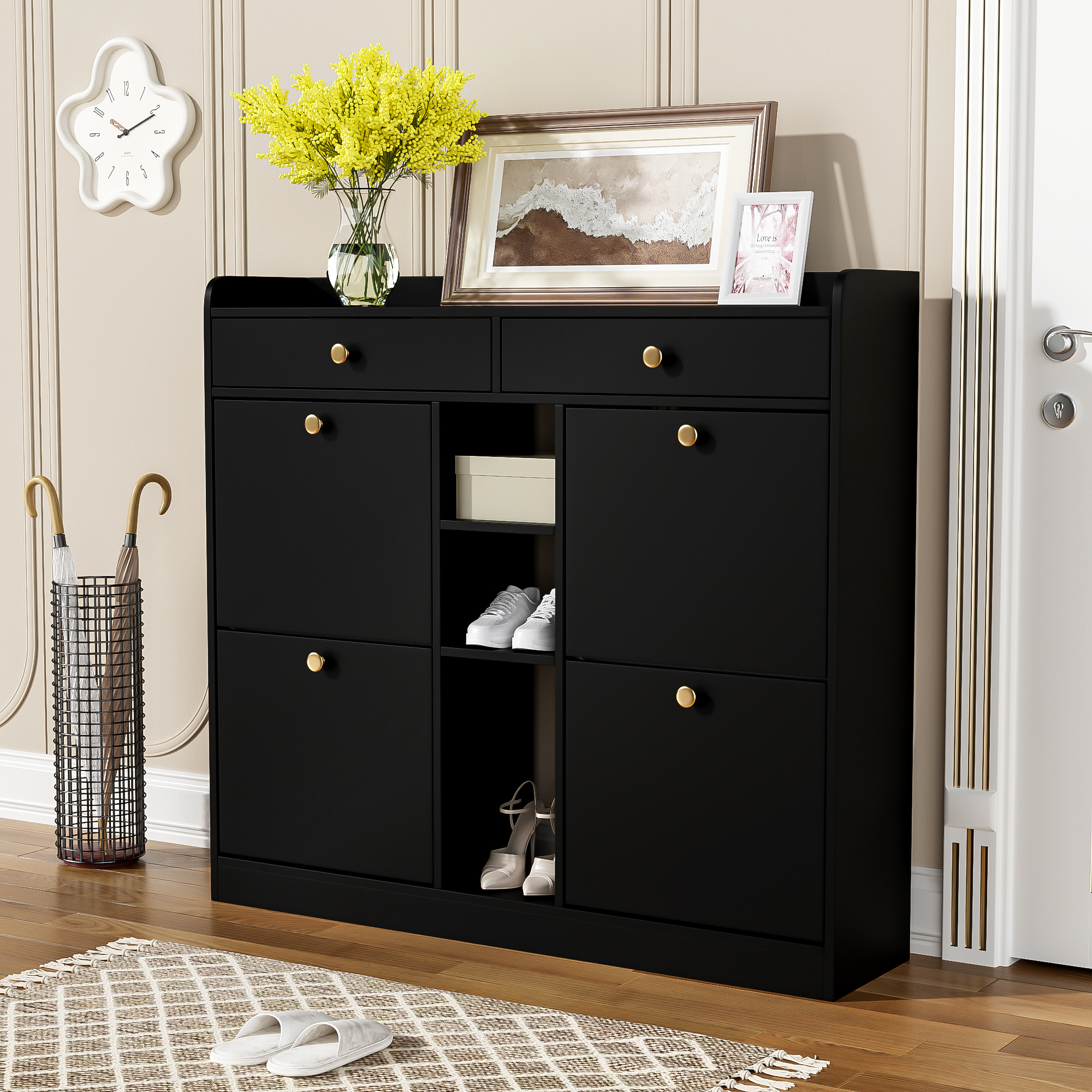 Schuhschrank Schwarz Mit 4 Klapptüren, 2 Schubladen, 3 Offene Fächer, 110x100x26 Cm, Für Flur