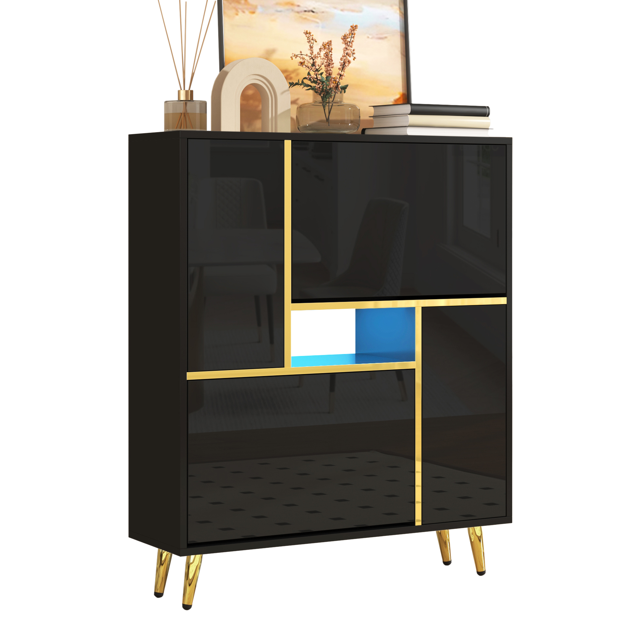 Schuhschrank Schwarz Hochglanz Mit 16-farbigem Led-licht, 80x25x96 Cm, Viel Stauraum, Für Flur & Schlafzimmer