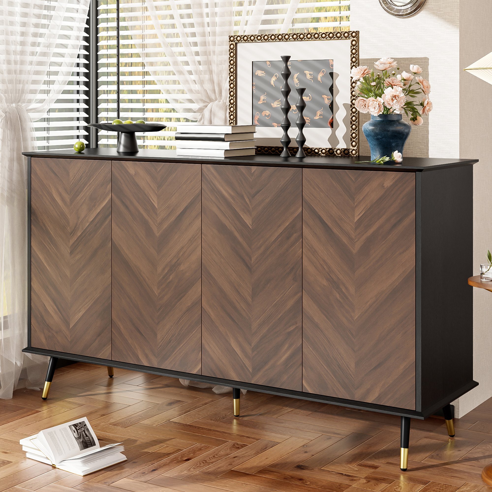 Sideboard Mit Fischgrätmuster, 4 Türen, Verstellbaren Regalen, Mdf, Metallfüßen, Für Wohnzimmer