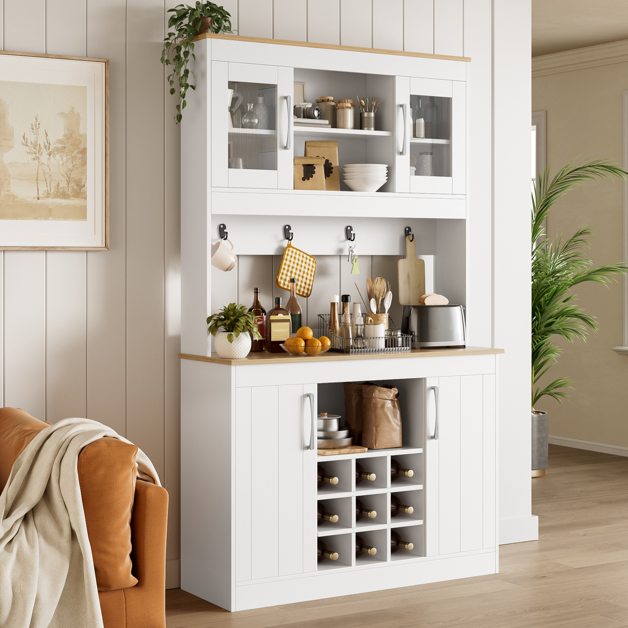 Küchenbuffet 175 Cm Mit Glastüren, Weinregal, Hakenleiste, Für Küche & Esszimmer