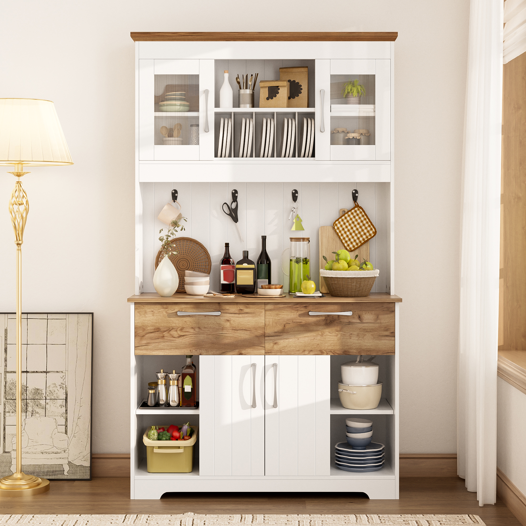 Küchenbuffet 106x176,5x39 Cm Mit Glastüren, 2 Schubladen, Hakenleiste, Für Küche & Esszimmer