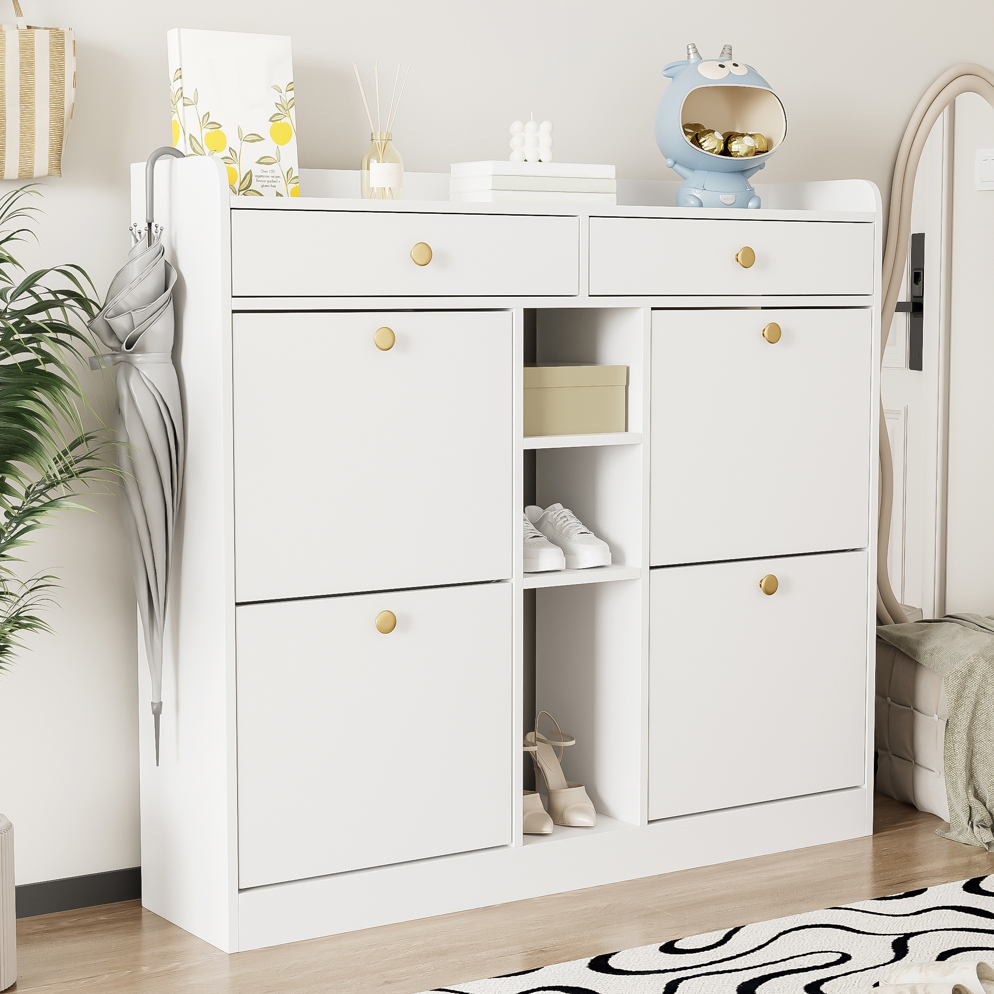 Schuhschrank Weiß Mit 4 Klapptüren, 2 Schubladen, 3 Offene Fächer, 110x100x26 Cm, Für Flur