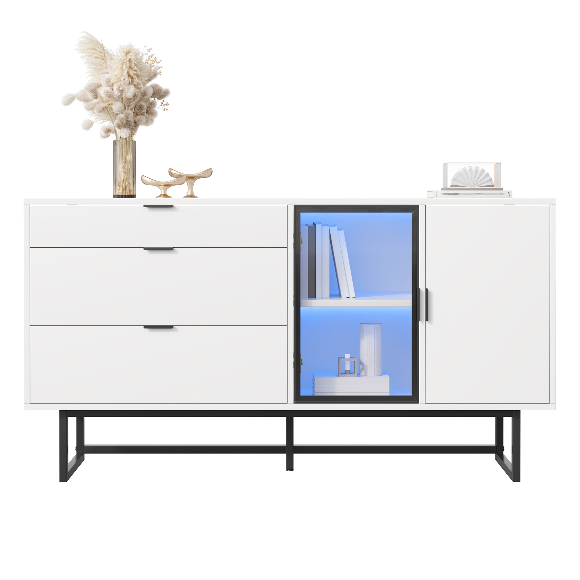 Sideboard Weiß Mit Led-beleuchtung, Glastüren, 3 Schubladen, 140x80x40 Cm, Für Esszimmer