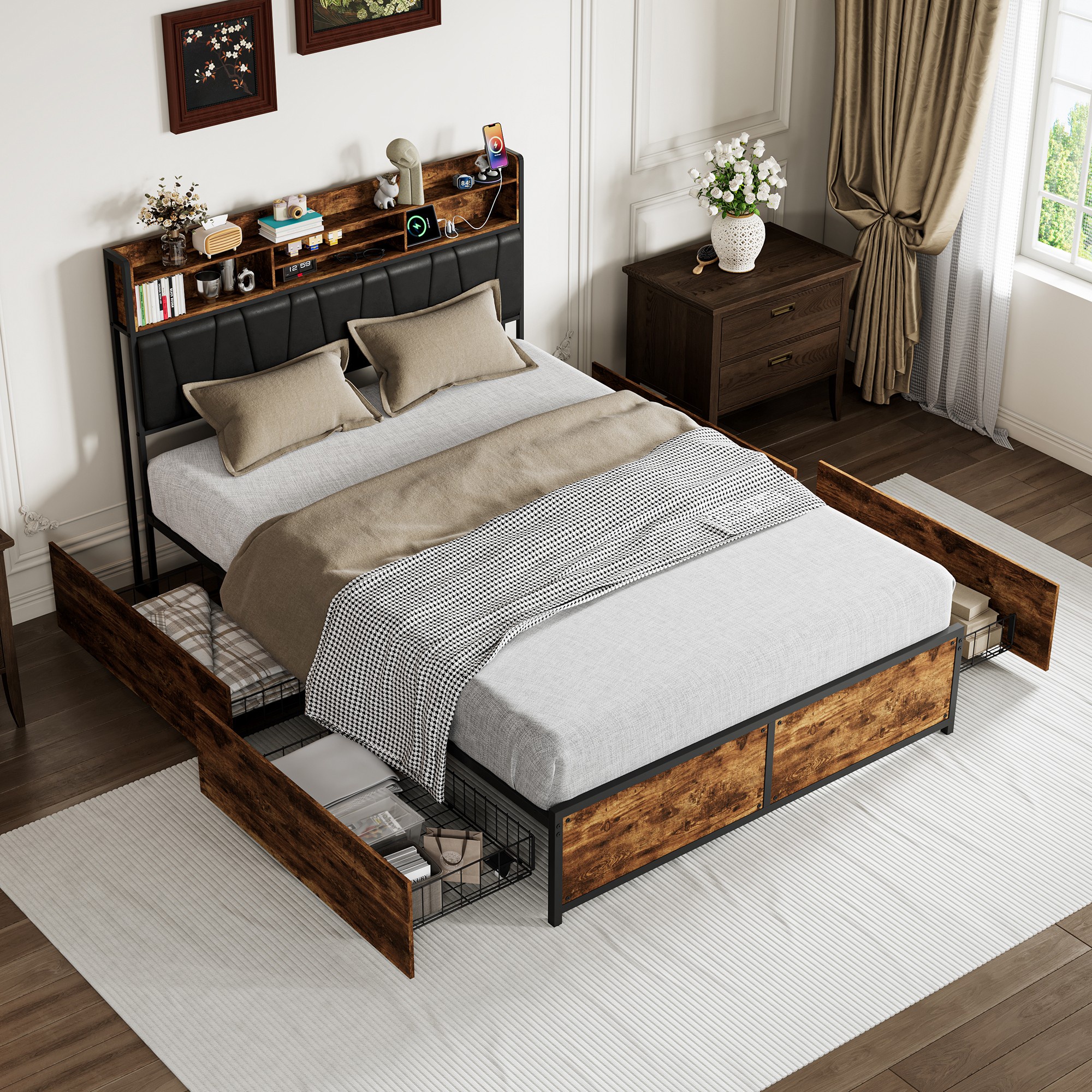 Bett 140 X 200 Cm - Doppelbett 140 X 200 Cm Mit 4 Schubladen Und Lattenrost – Kopfteil Mit Stauraum, Led-beleuchtung Und Ladesteckdosen – Metall Und Holz