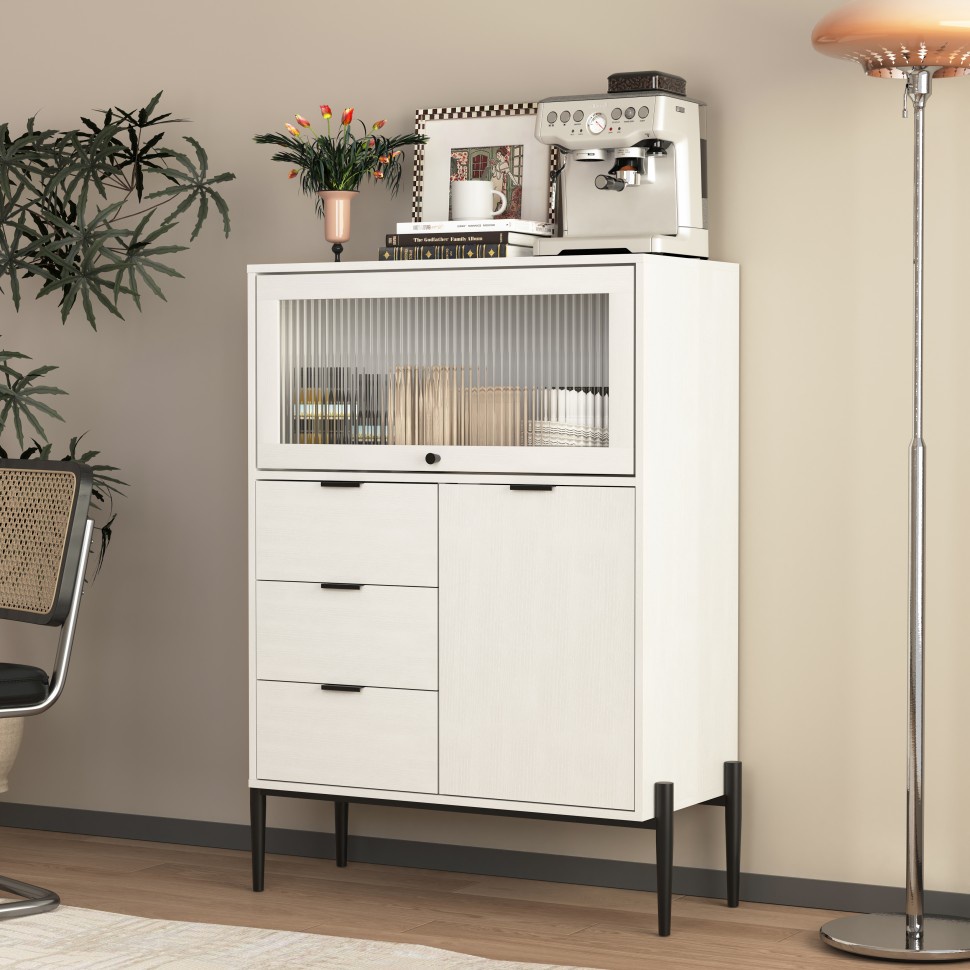 Sideboard 85 X 40 X 120 Cm – 3 Schubladen, 1 Tür & 1 Glastür – Verstellbare Einlegeböden – Weiß