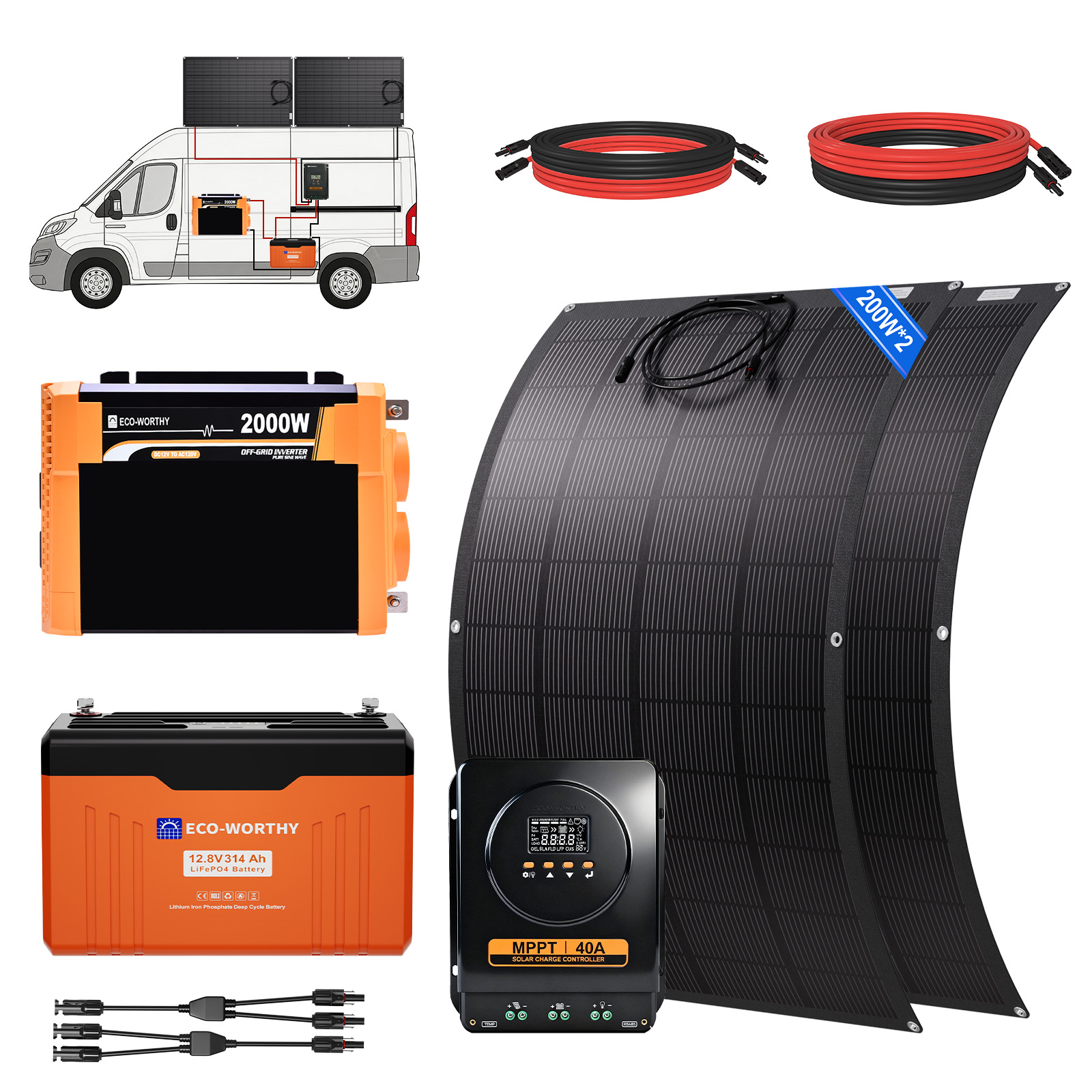 Eco-worthy 4019wh Komplettes Off-grid Solaranlage Für Wohnmobil-12v 314ah Lifepo4 Batterie+2×200w Flexible Solarmodule+40a Mppt Laderegler+2000w Wechselrichter.versorgt Kühlschrank Und Kaffeemaschine