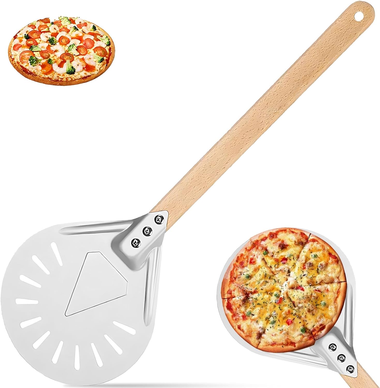 7-zoll-pizzaschieber Mit Lochung, Pizzaspatel Mit Rutschfestem Holzgriff, Drehbarer Brotschieber, Eloxiertes Aluminium, Rundes Backzubehör, Pizzaschieber Für Kuchen Und Selbstgemachte Pizzen