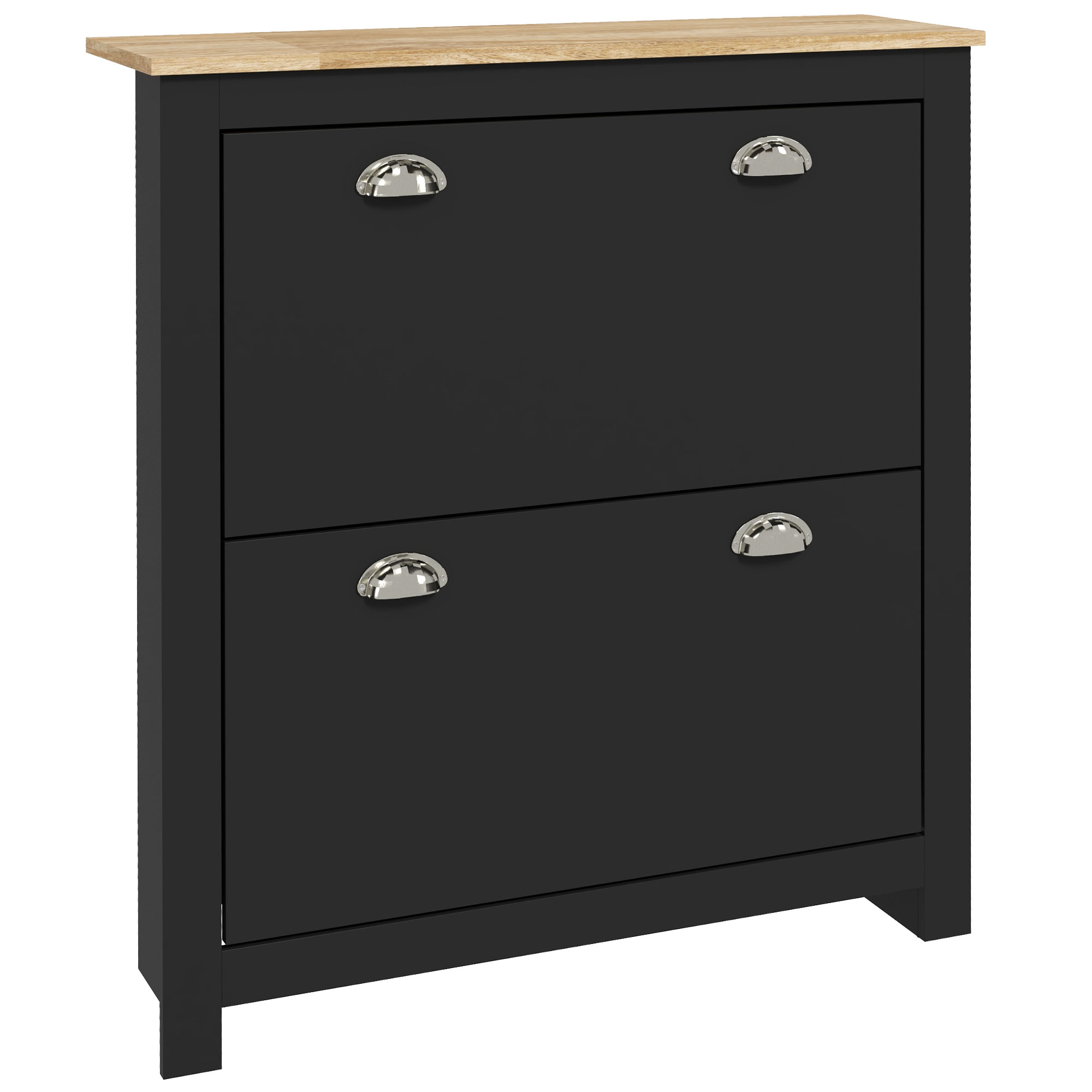 Schuhschrank Mit 2 Klapptüren Und 2 Fächern, Schuhkommode Mit Metallmuschelgriffen 79 X 23 X 90,5 Cm Schwarz Eiche