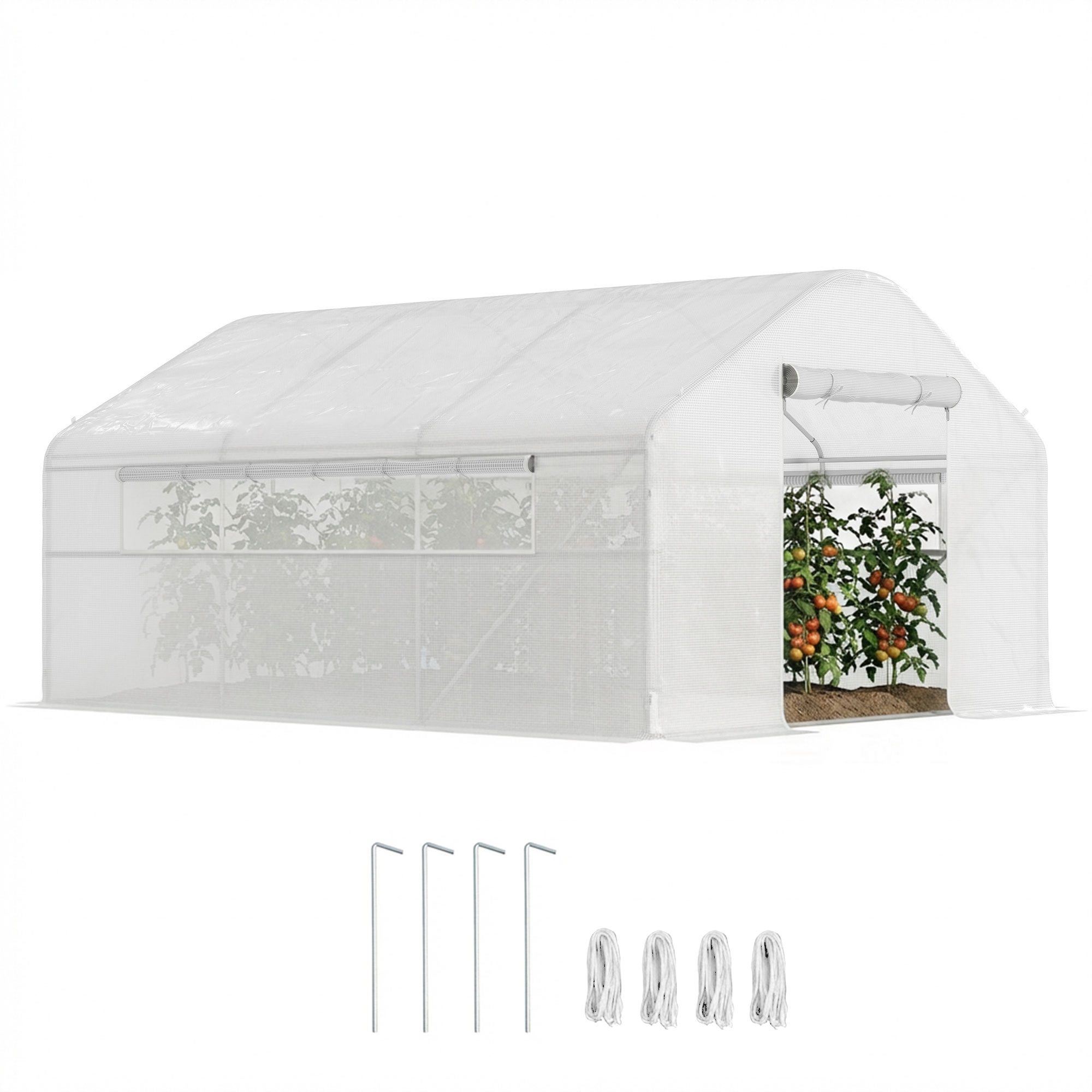 Gartengewächshaus 4 X 3 X 2 M, Folientunnel Mit Rolltüren Und Großen Fenstern, Gartenhaus Weiß