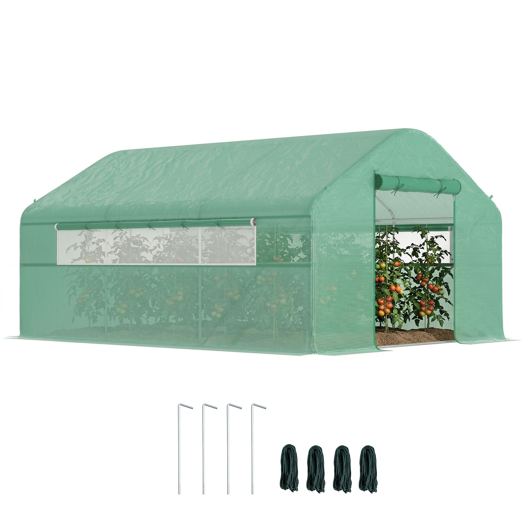 Gartengewächshaus 4 X 3 X 2 M, Folientunnel Mit Rolltüren Und Großen Fenstern, Gartenhaus Grün