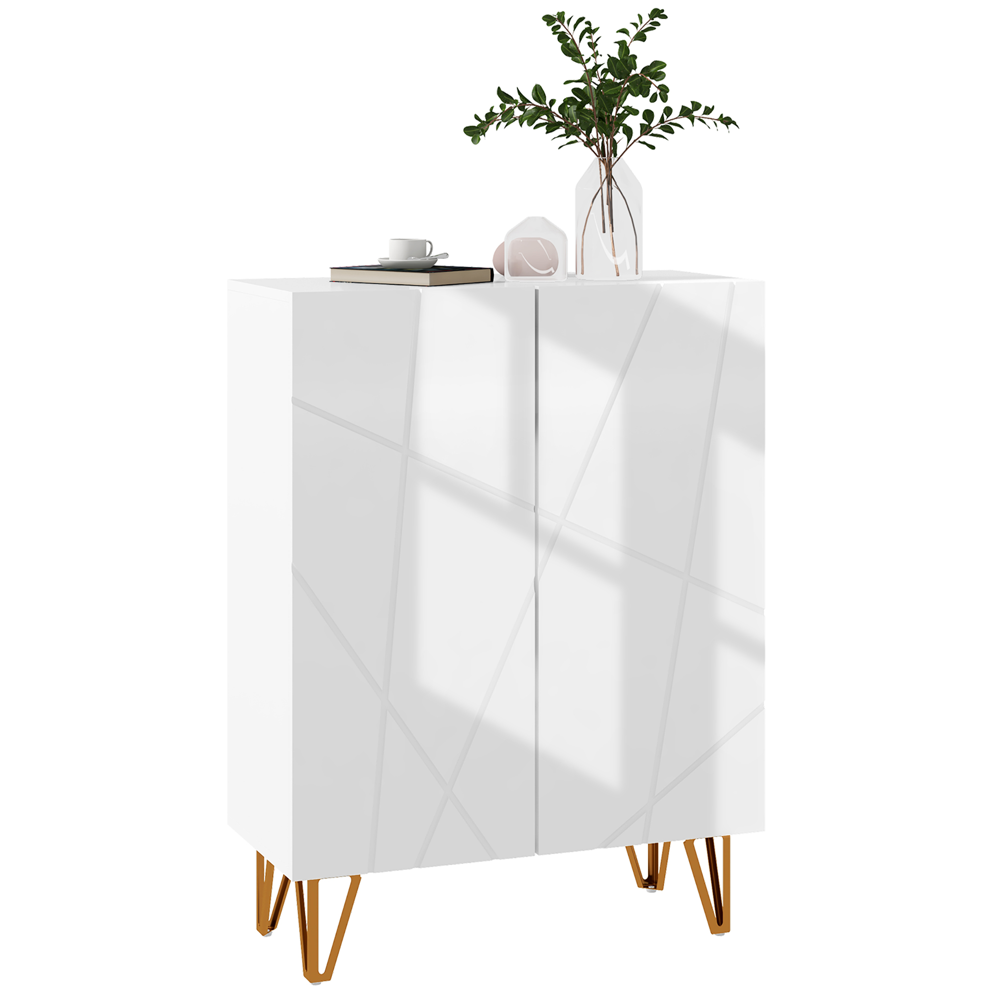 Schuhschrank Mit 2 Türen Und Verstellbaren Einlegeböden, Schuhaufbewahrung, 72 X 31,5 X 95 Cm, Hochglanz Weiß